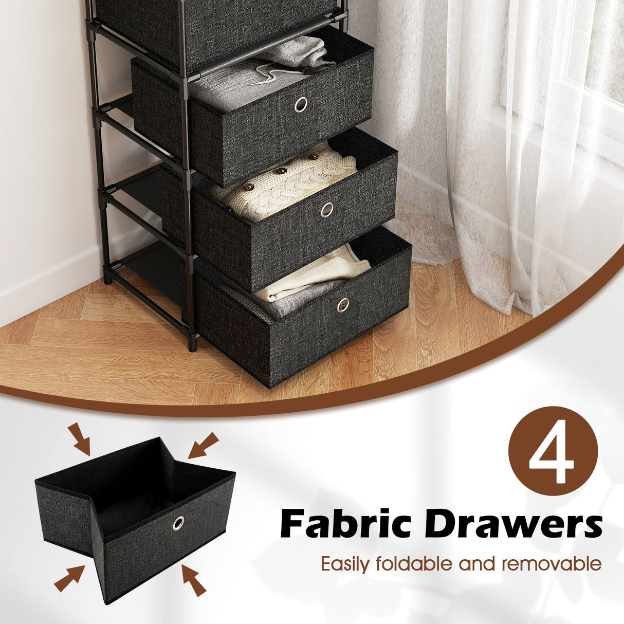 Dresser with 3/4 Drawers Fabric Storage Tower with Wood Top and Metal Frame