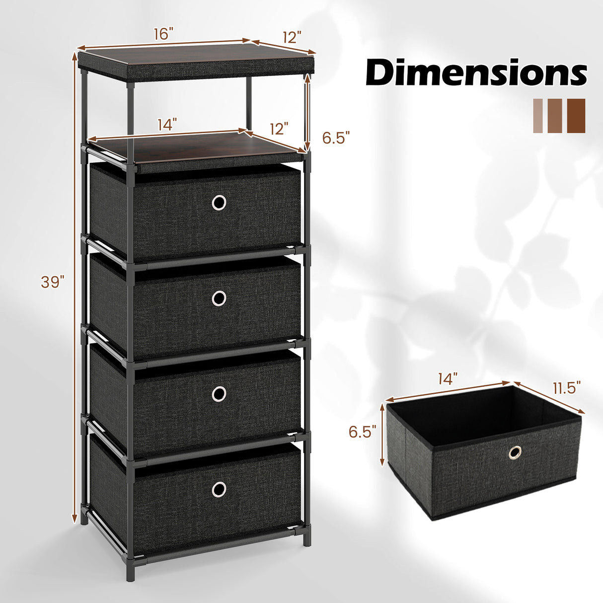 Dresser with 3/4 Drawers Fabric Storage Tower with Wood Top and Metal Frame