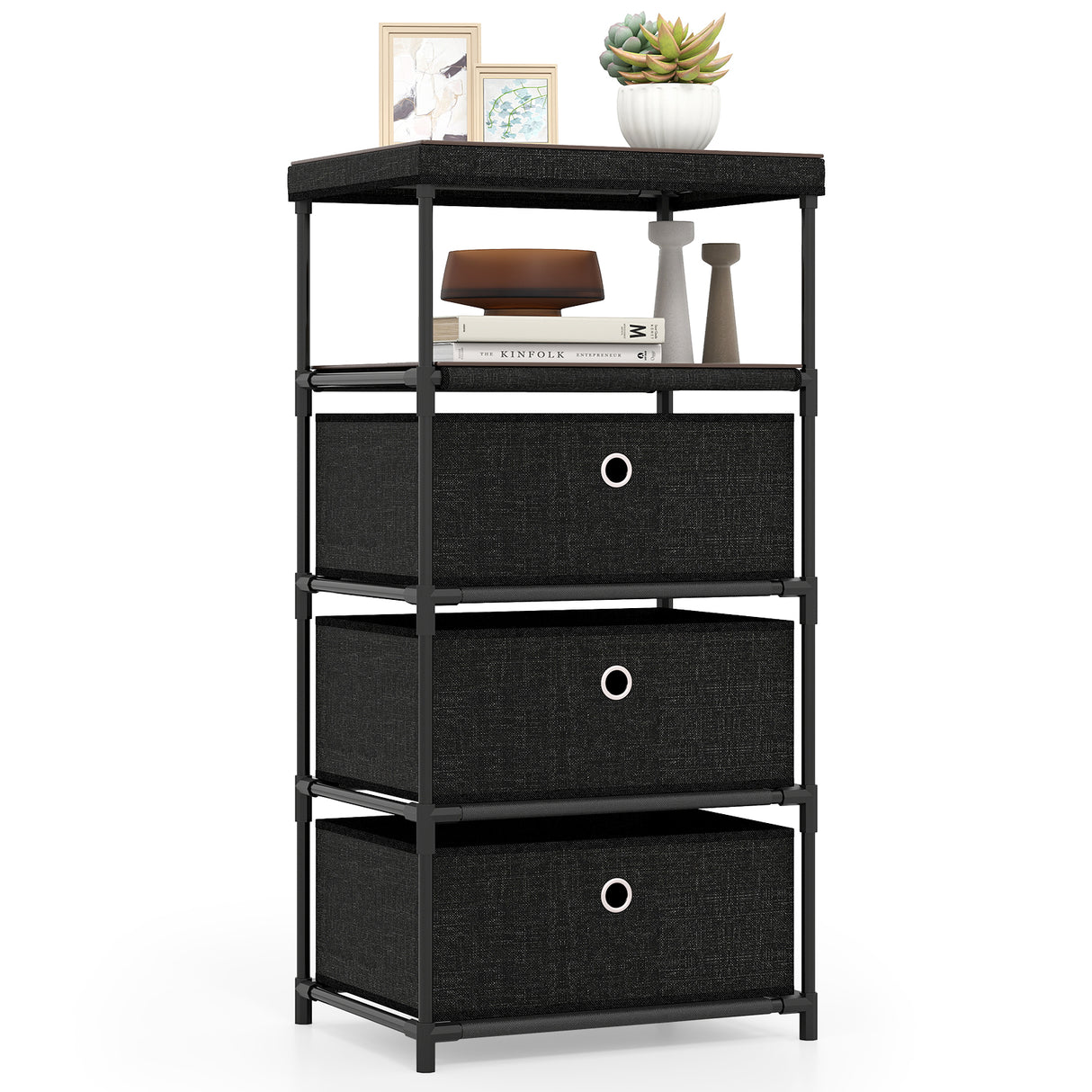 Dresser with 3/4 Drawers Fabric Storage Tower with Wood Top and Metal Frame