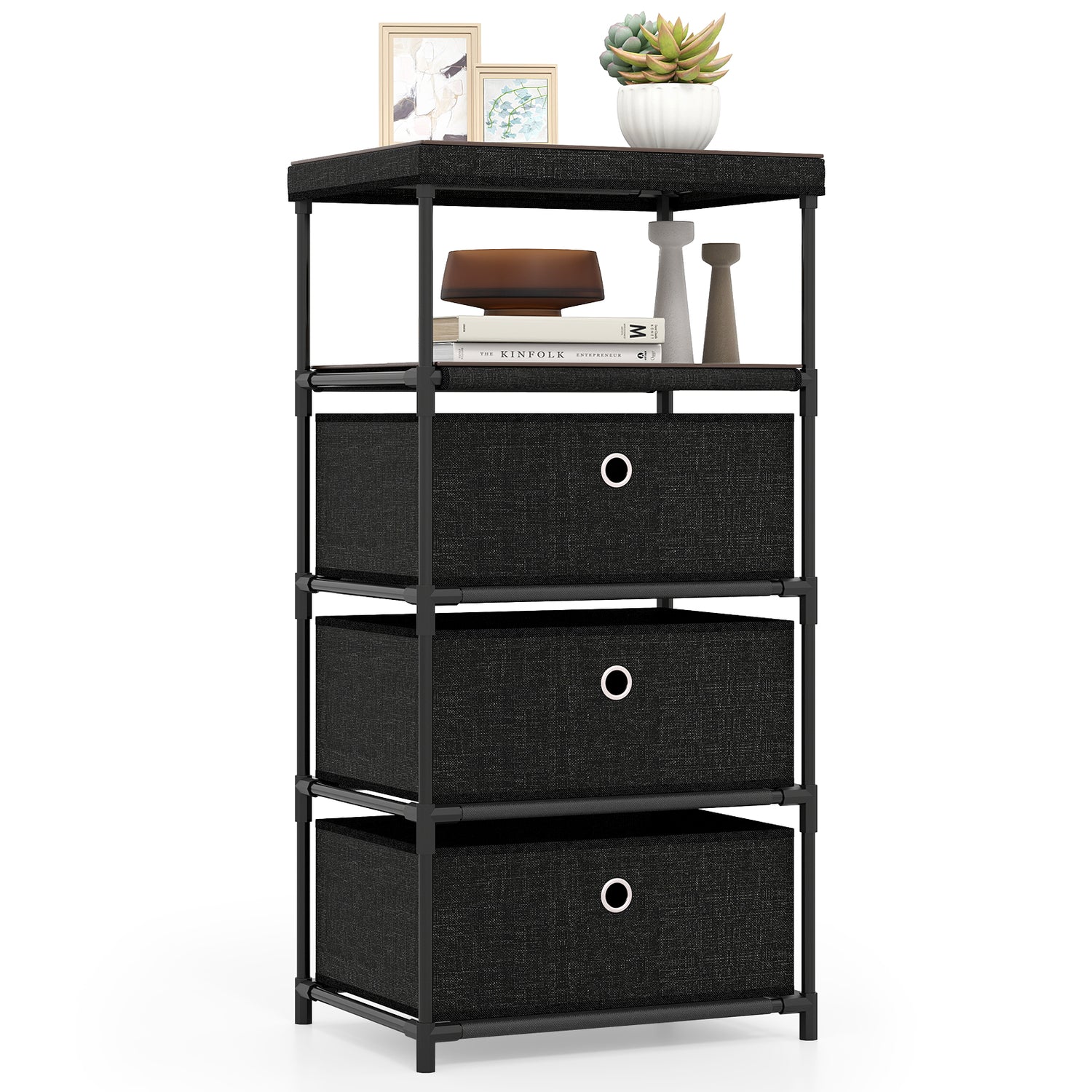 Dresser with 3/4 Drawers Fabric Storage Tower with Wood Top and Metal Frame