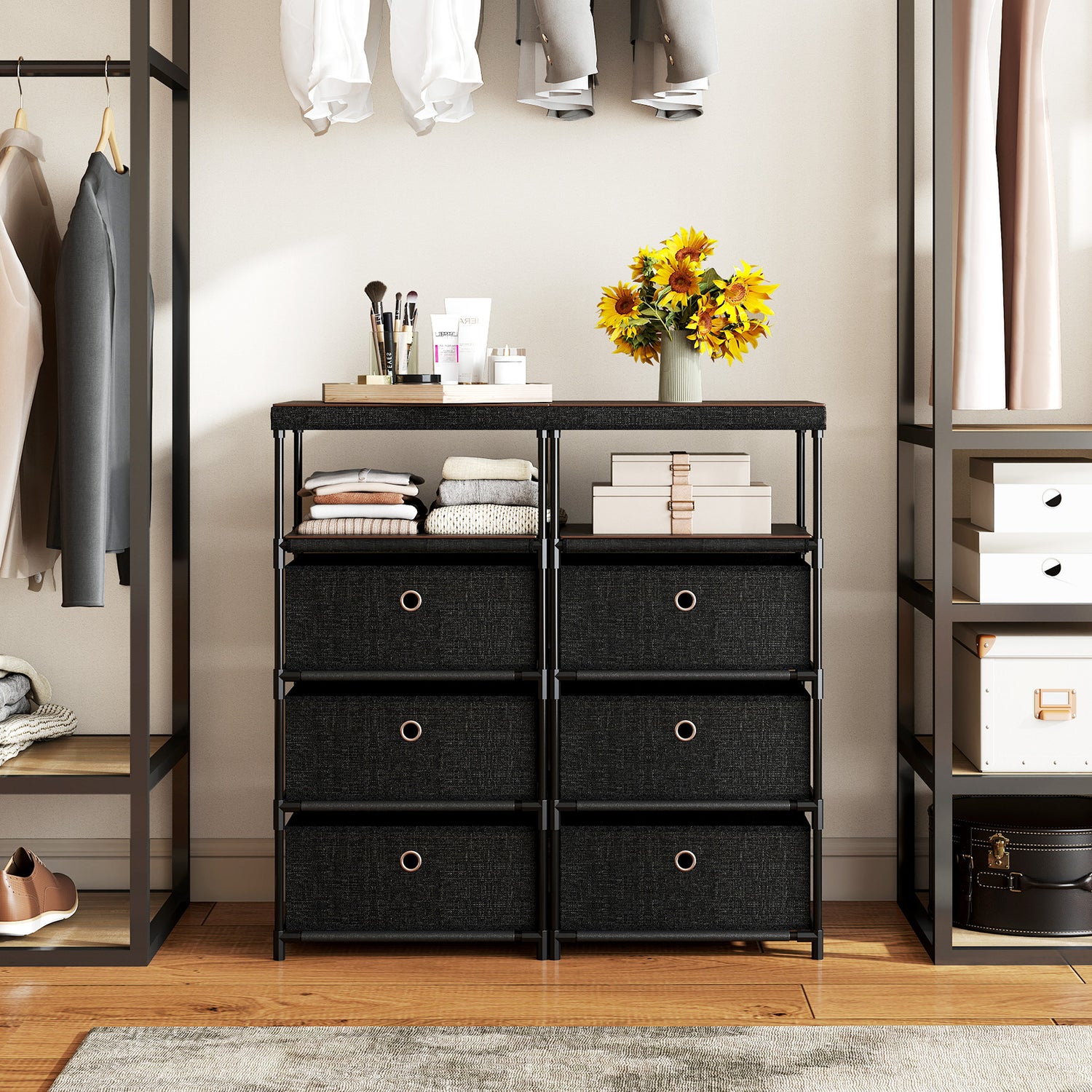 Dresser with 3/4 Drawers Fabric Storage Tower with Wood Top and Metal Frame