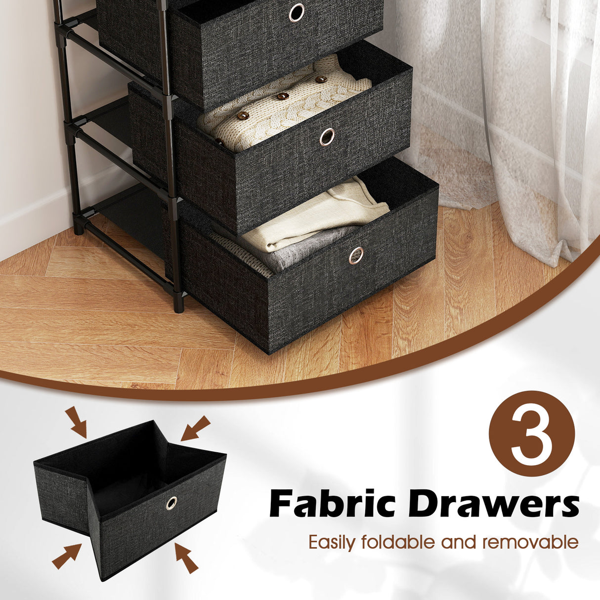 Dresser with 3/4 Drawers Fabric Storage Tower with Wood Top and Metal Frame