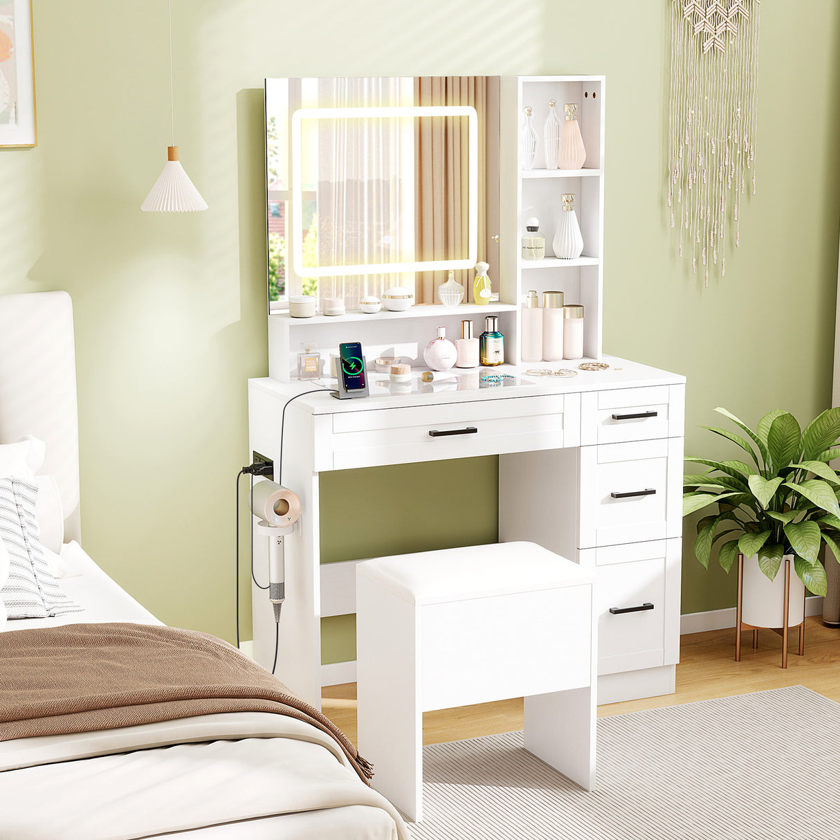 Dressing Desk with 3 Color Lighting and Hair Dryer Stand-White