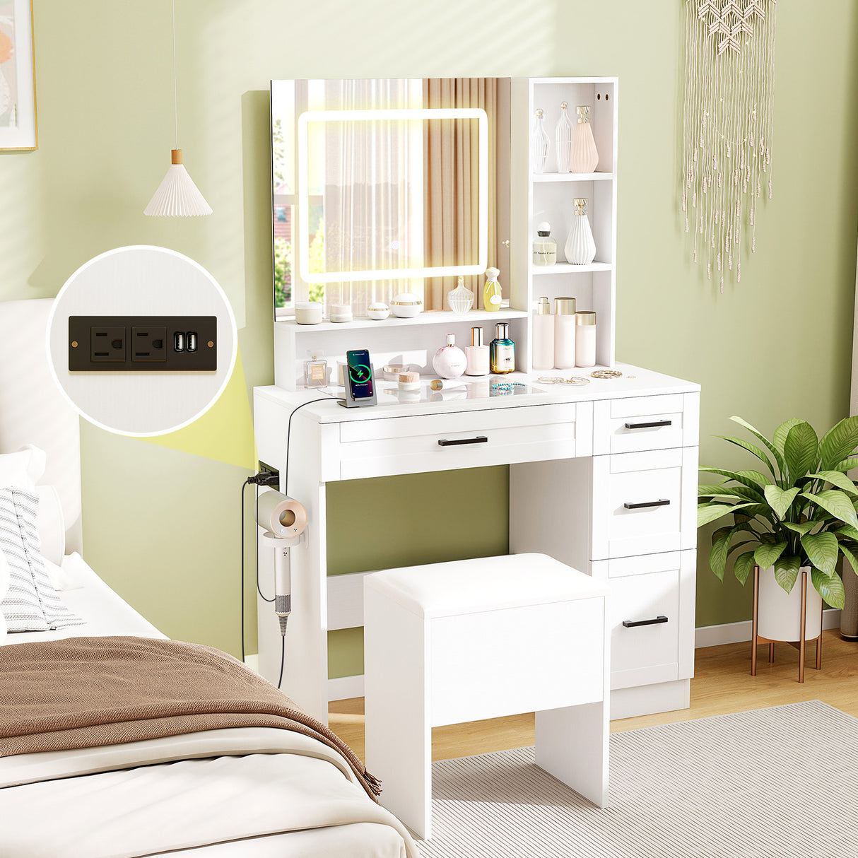 Dressing Desk with 3 Color Lighting and Hair Dryer Stand-White