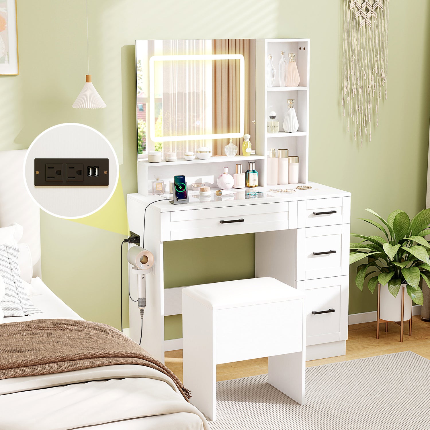 Dressing Desk with 3 Color Lighting and Hair Dryer Stand-White