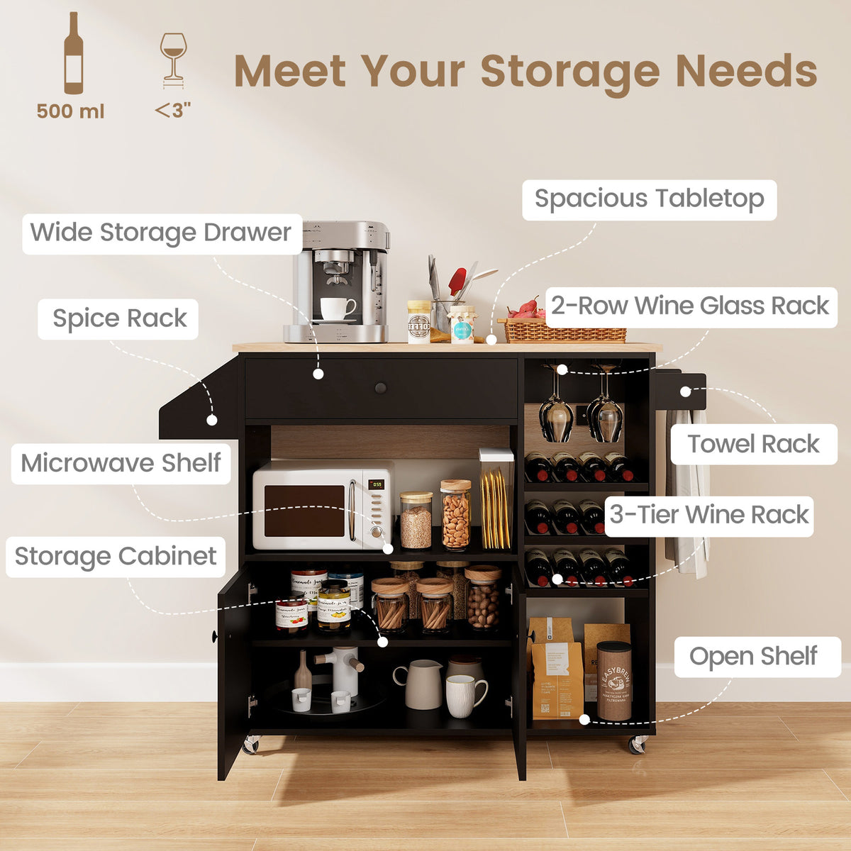 Drop Leaf Mobile Kitchen Island Cart with Power Outlet and Adjustable Shelf