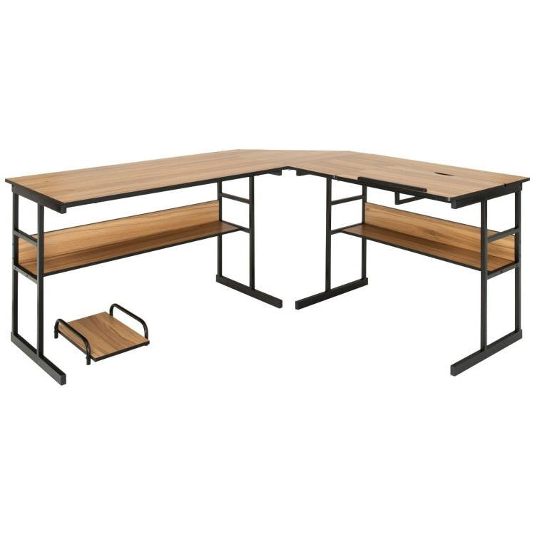 Modern Corner L-Shaped Computer Desk with Tilt Tabletop in Walnut Black Finish