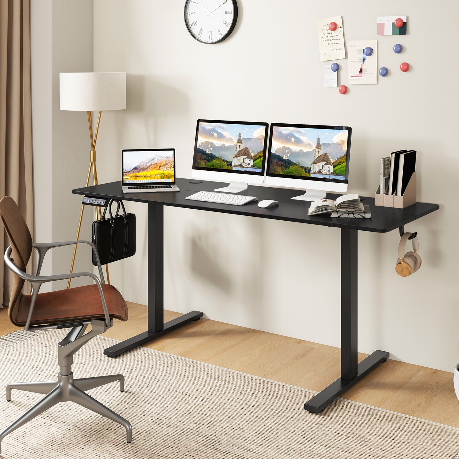Electric Standing Desk with 3 Memory Heights and 2 Hanging Hooks and Cable Holes