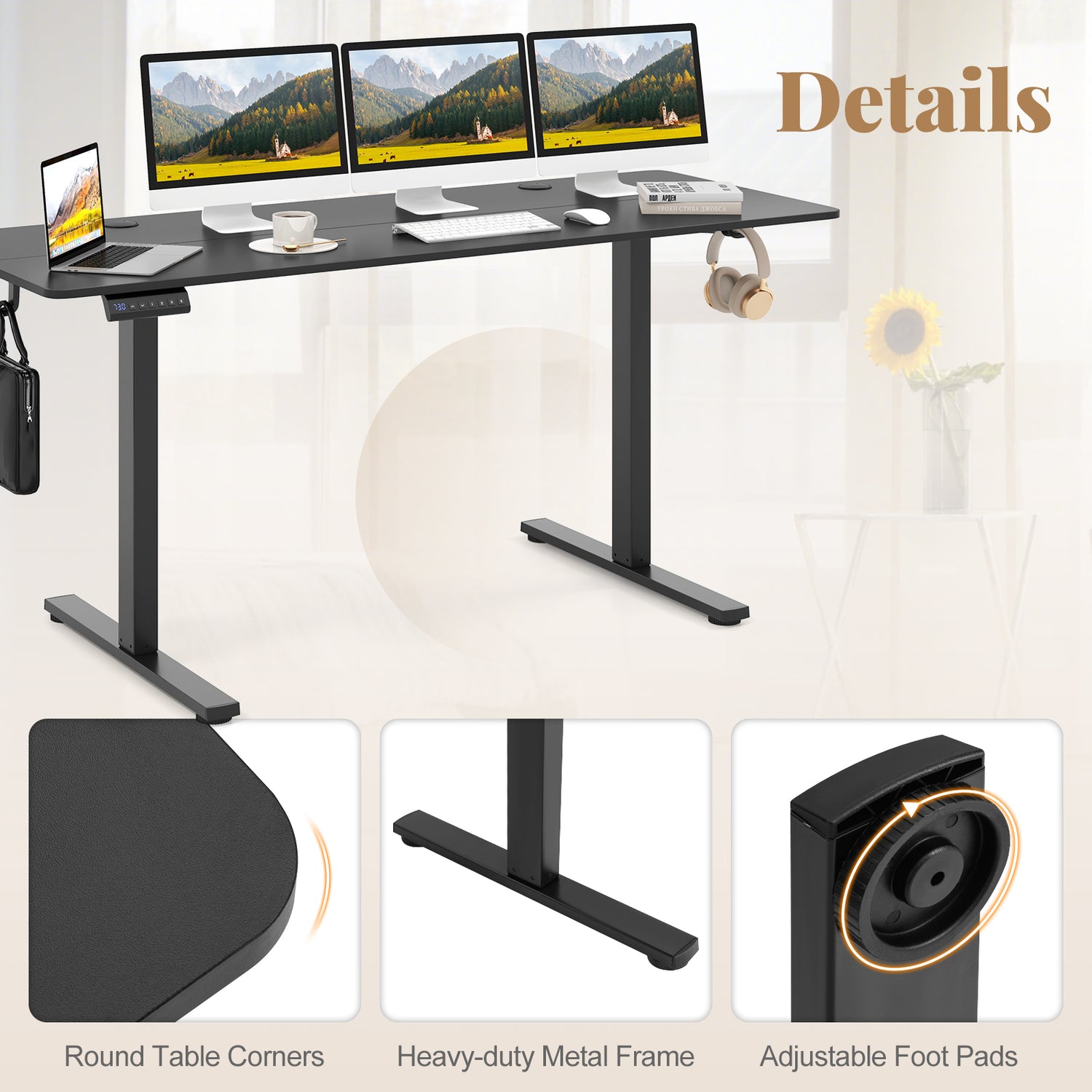 Electric Standing Desk with 3 Memory Heights and 2 Hanging Hooks and Cable Holes