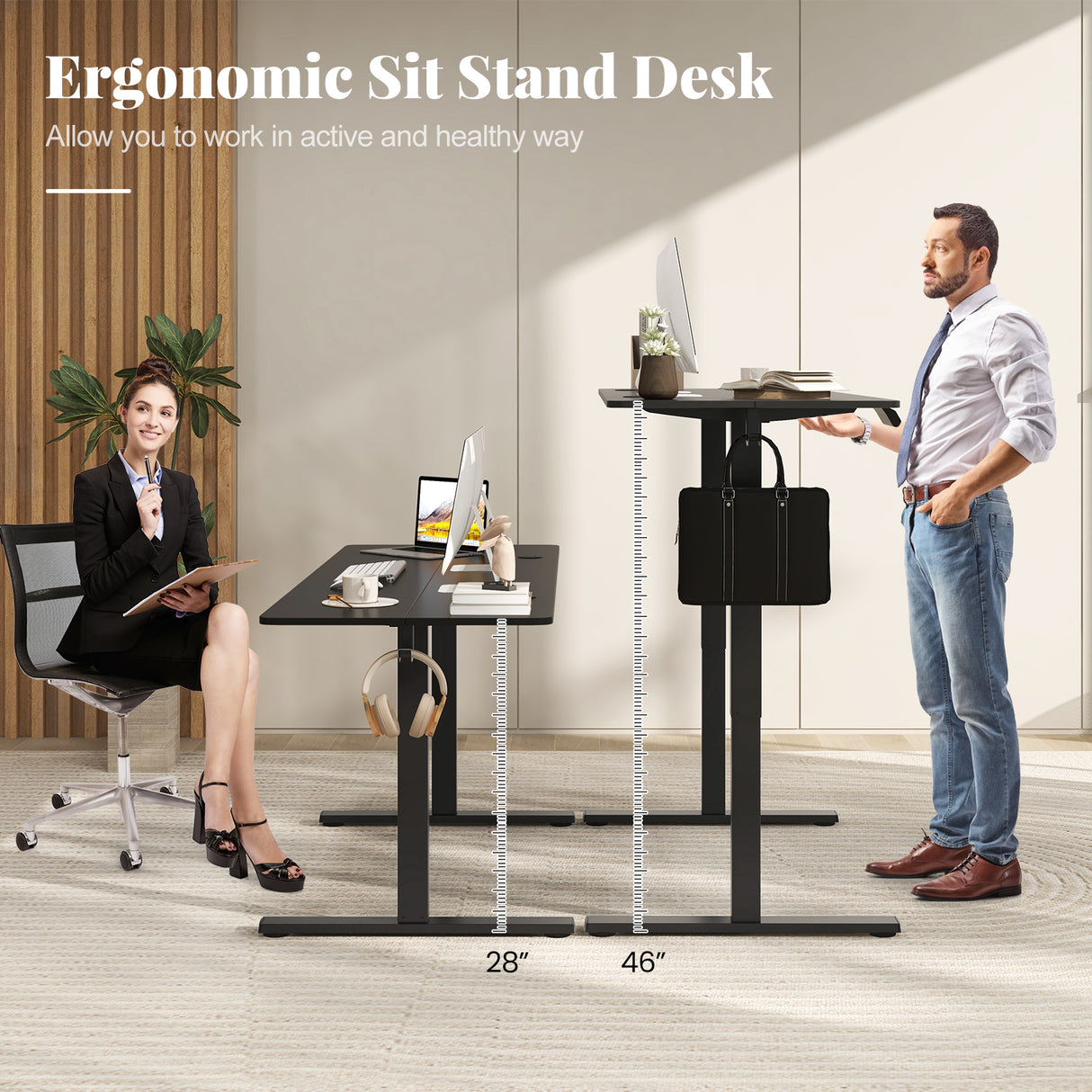 Electric Standing Desk with 3 Memory Heights and 2 Hanging Hooks and Cable Holes