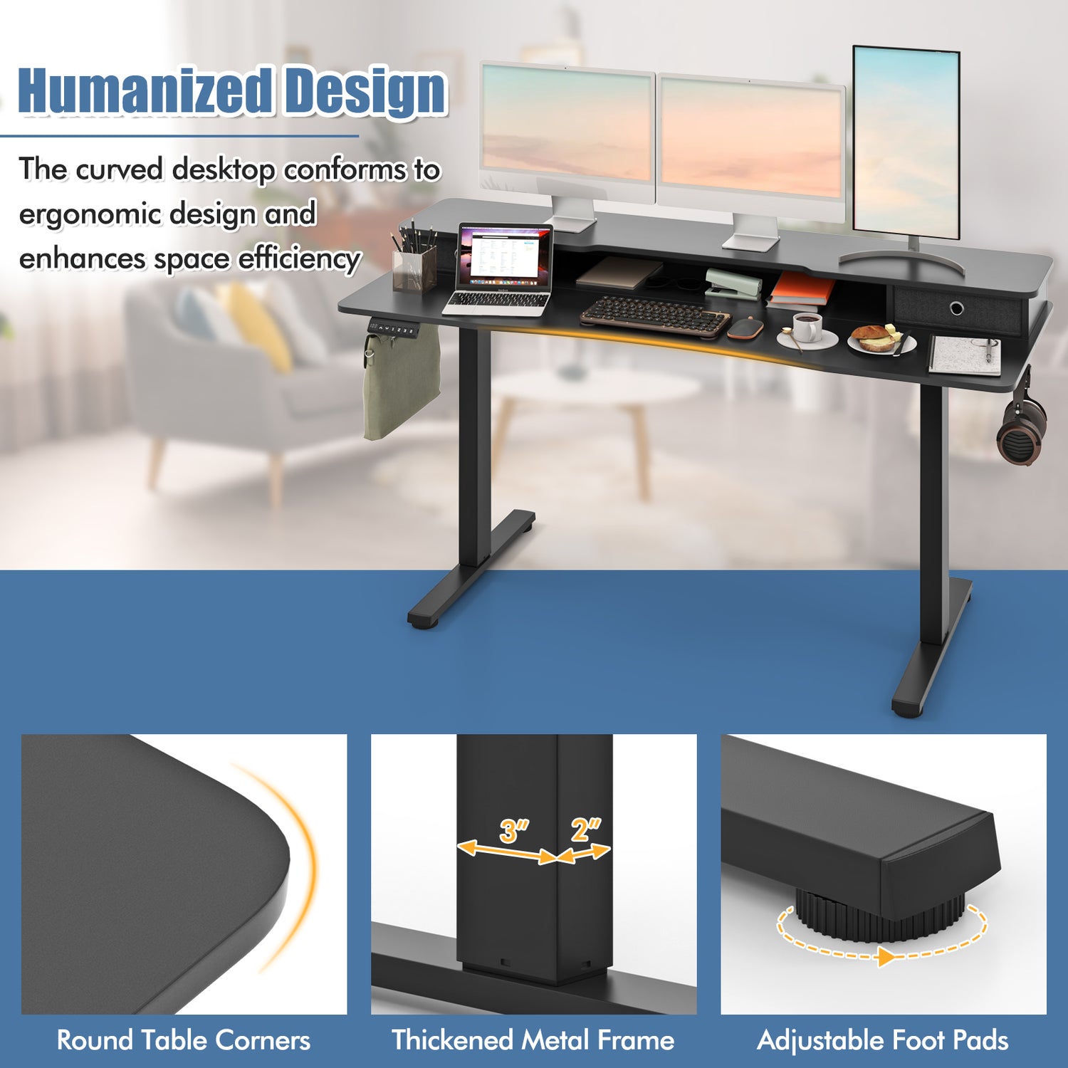63 Inch x 24 Inch Electric Standing Desk with 2 Drawers
