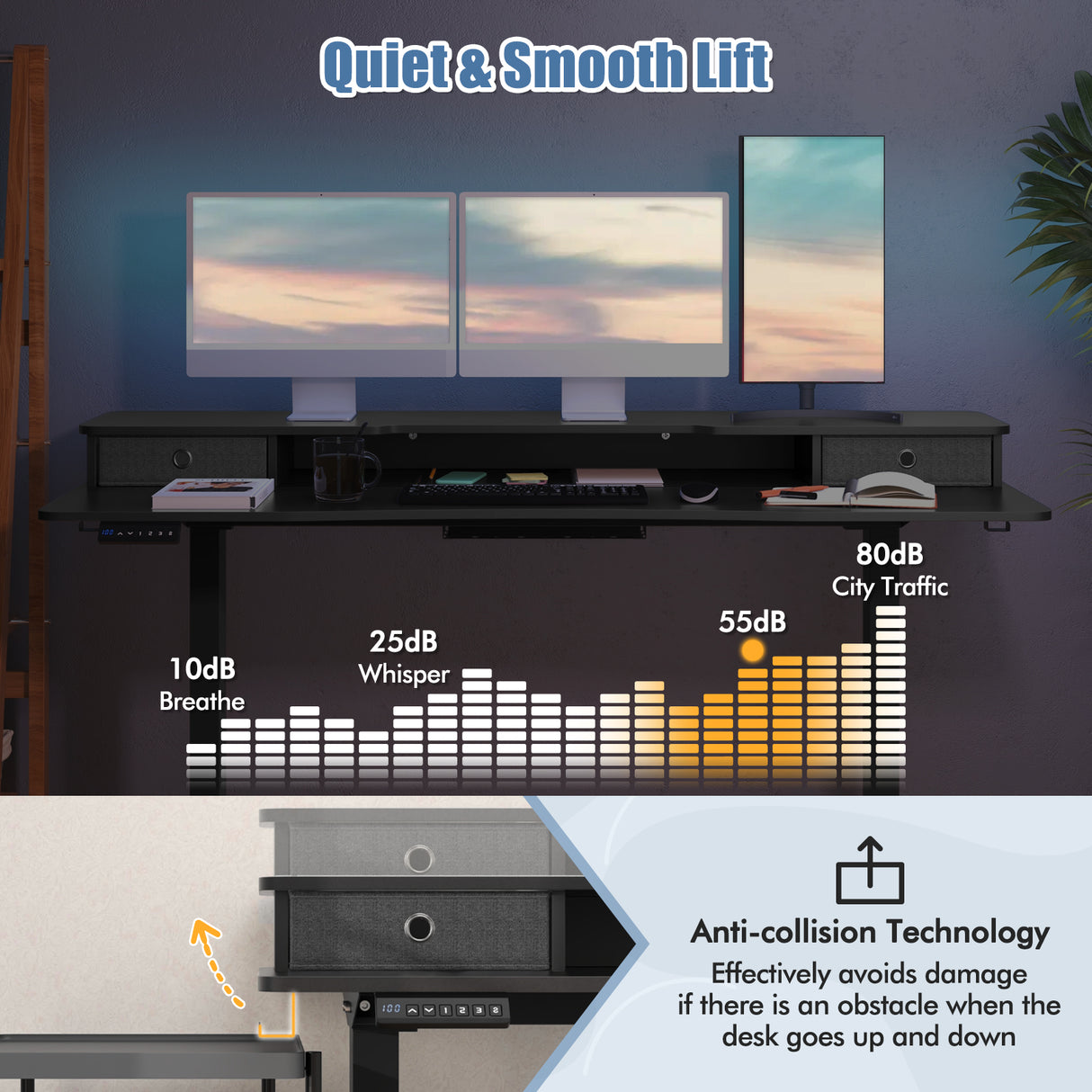63 Inch x 24 Inch Electric Standing Desk with 2 Drawers