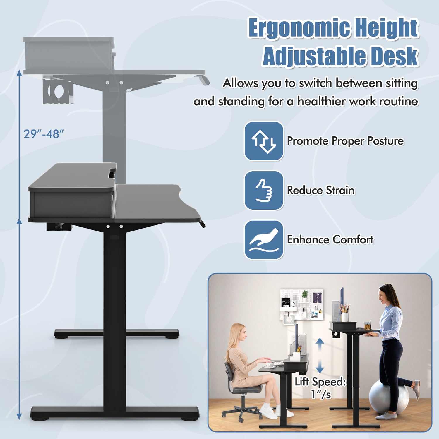 48 Inch x 24 Inch Height Adjustable Electric Standing Desk with 2 Drawers