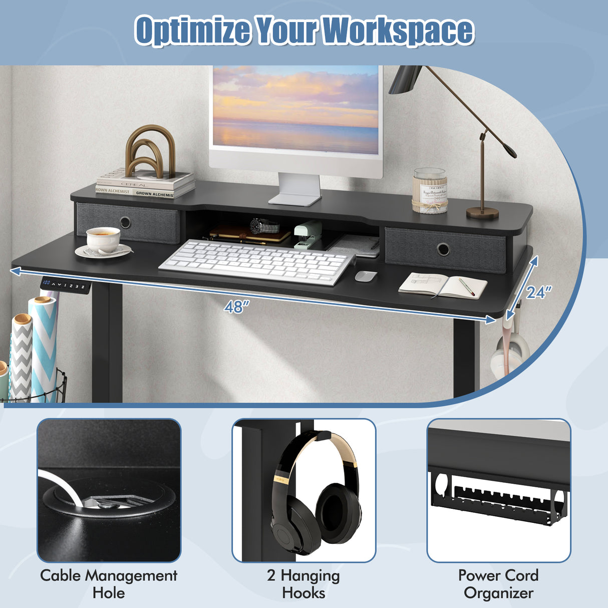 48 Inch x 24 Inch Height Adjustable Electric Standing Desk with 2 Drawers