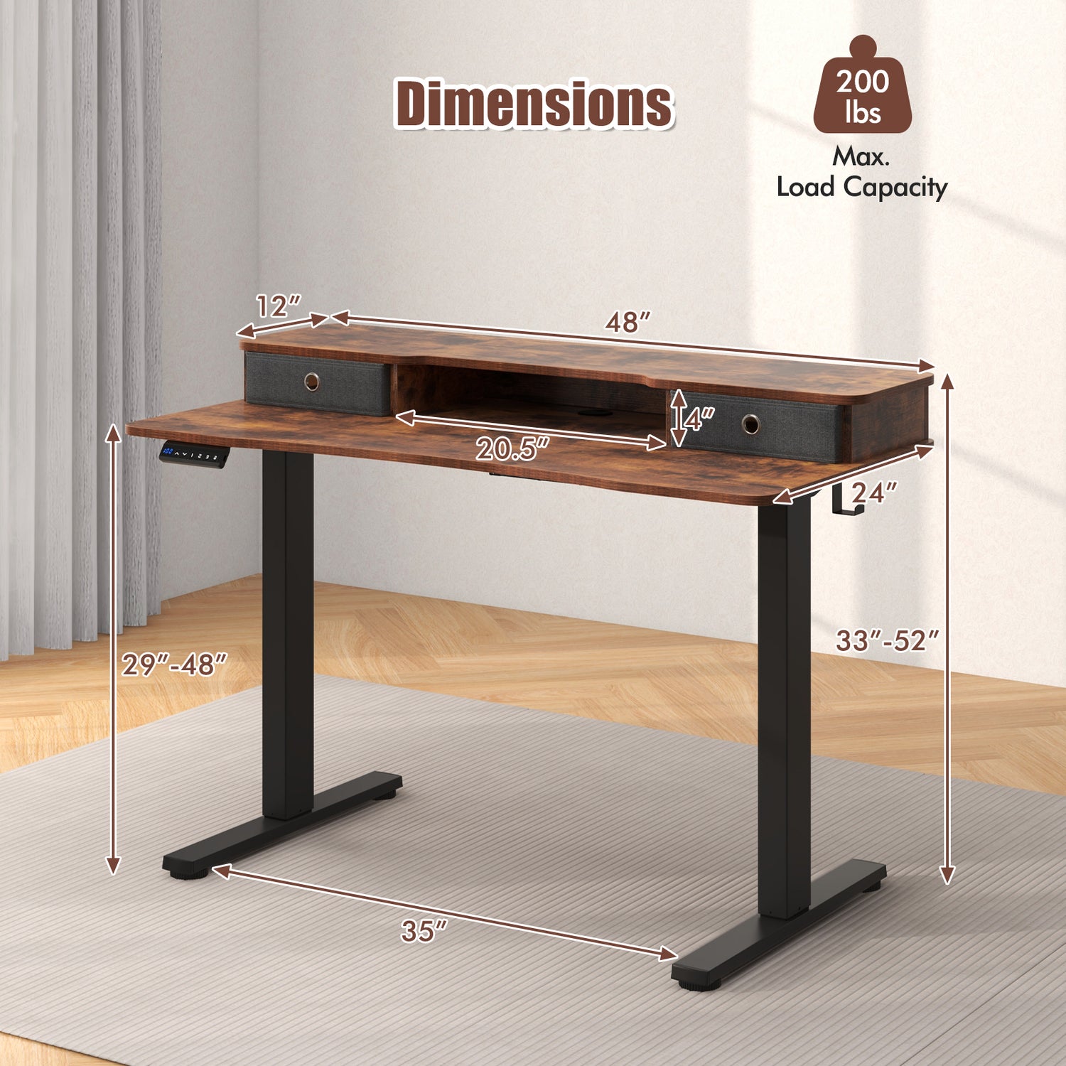 48 Inch x 24 Inch Height Adjustable Electric Standing Desk with 2 Drawers
