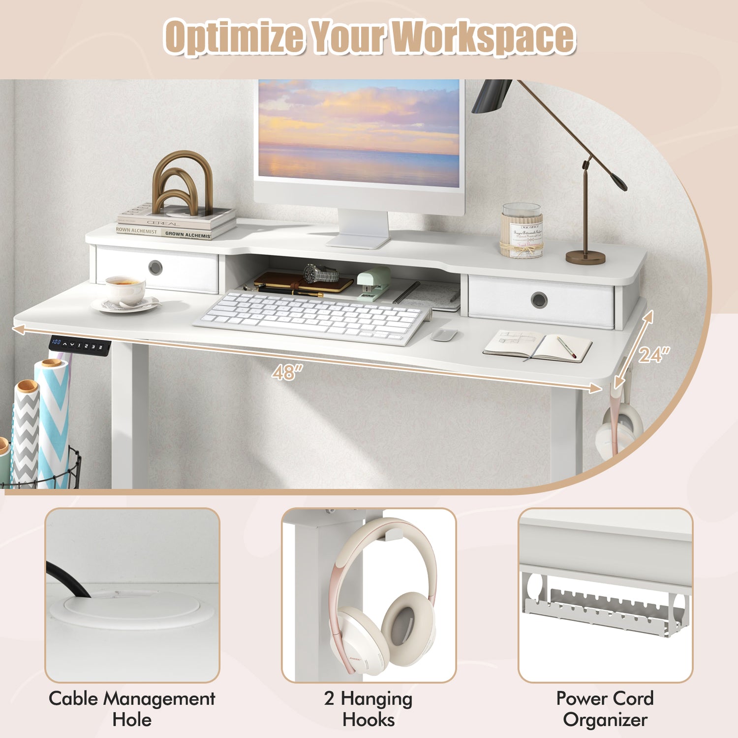 48 Inch x 24 Inch Height Adjustable Electric Standing Desk with 2 Drawers