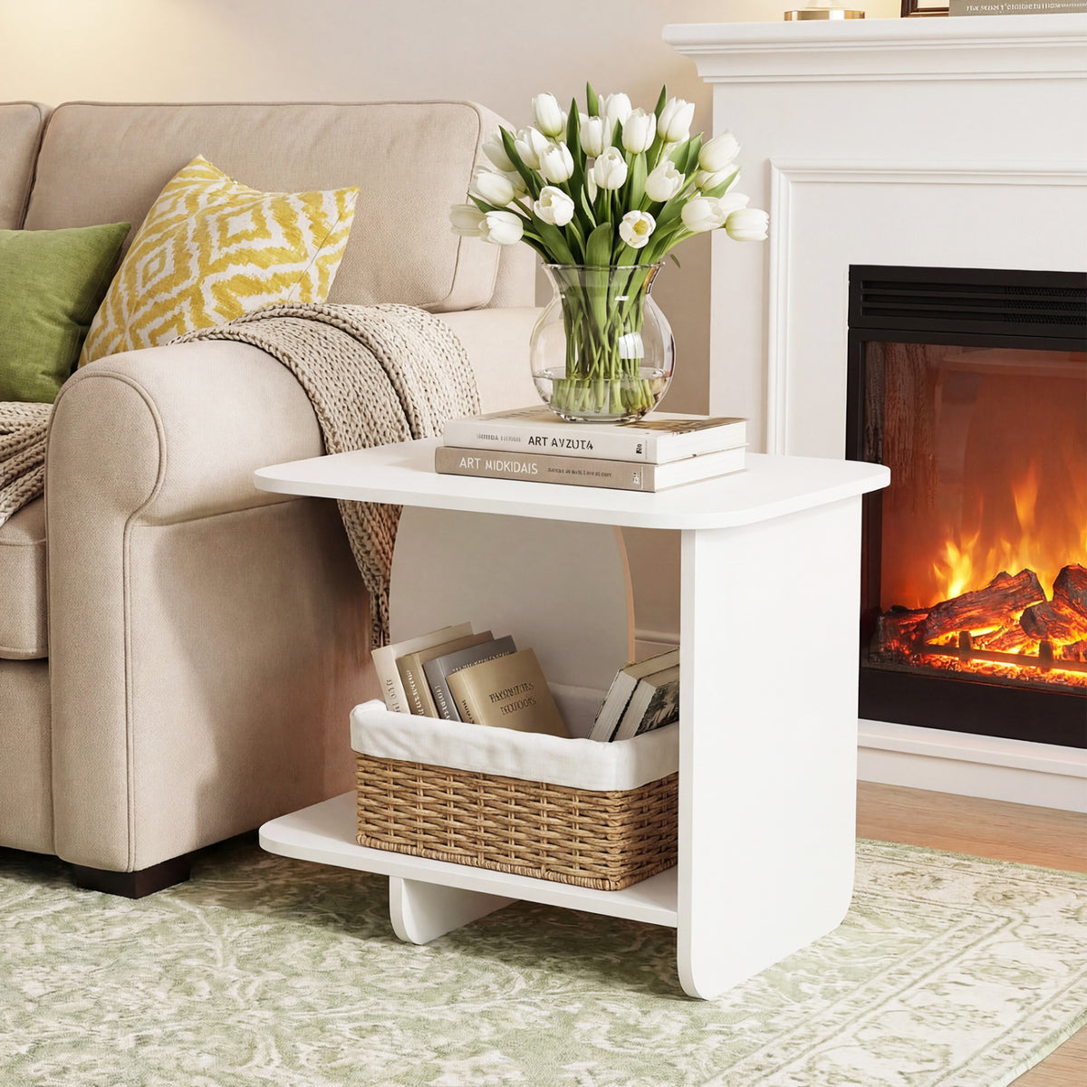 End Table 2-Tier Sofa Side Table with Storage Shelf for Small Space-White