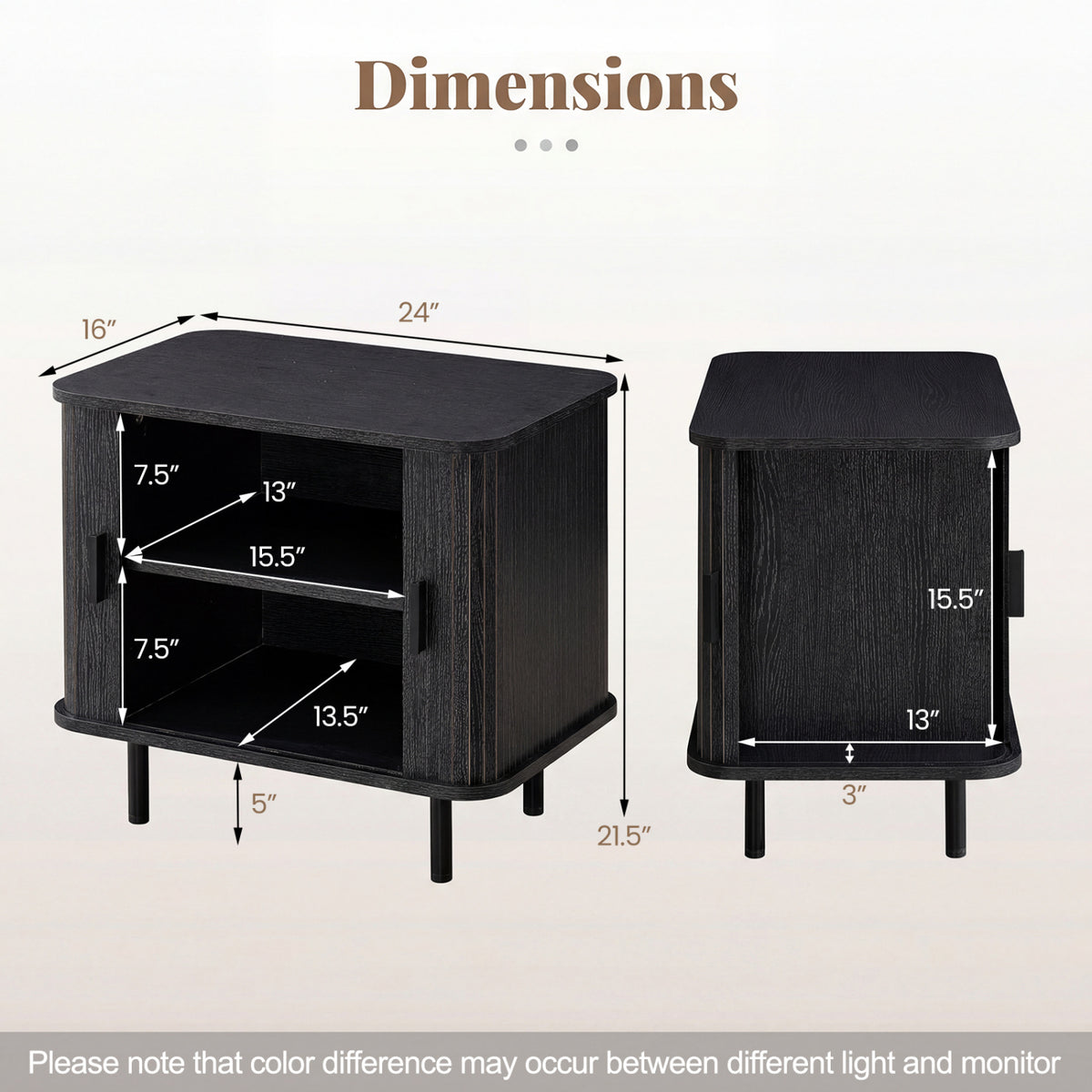 End Table Modern Mid Century Nightstand with Sliding Tambour Doors and Storage Shelf