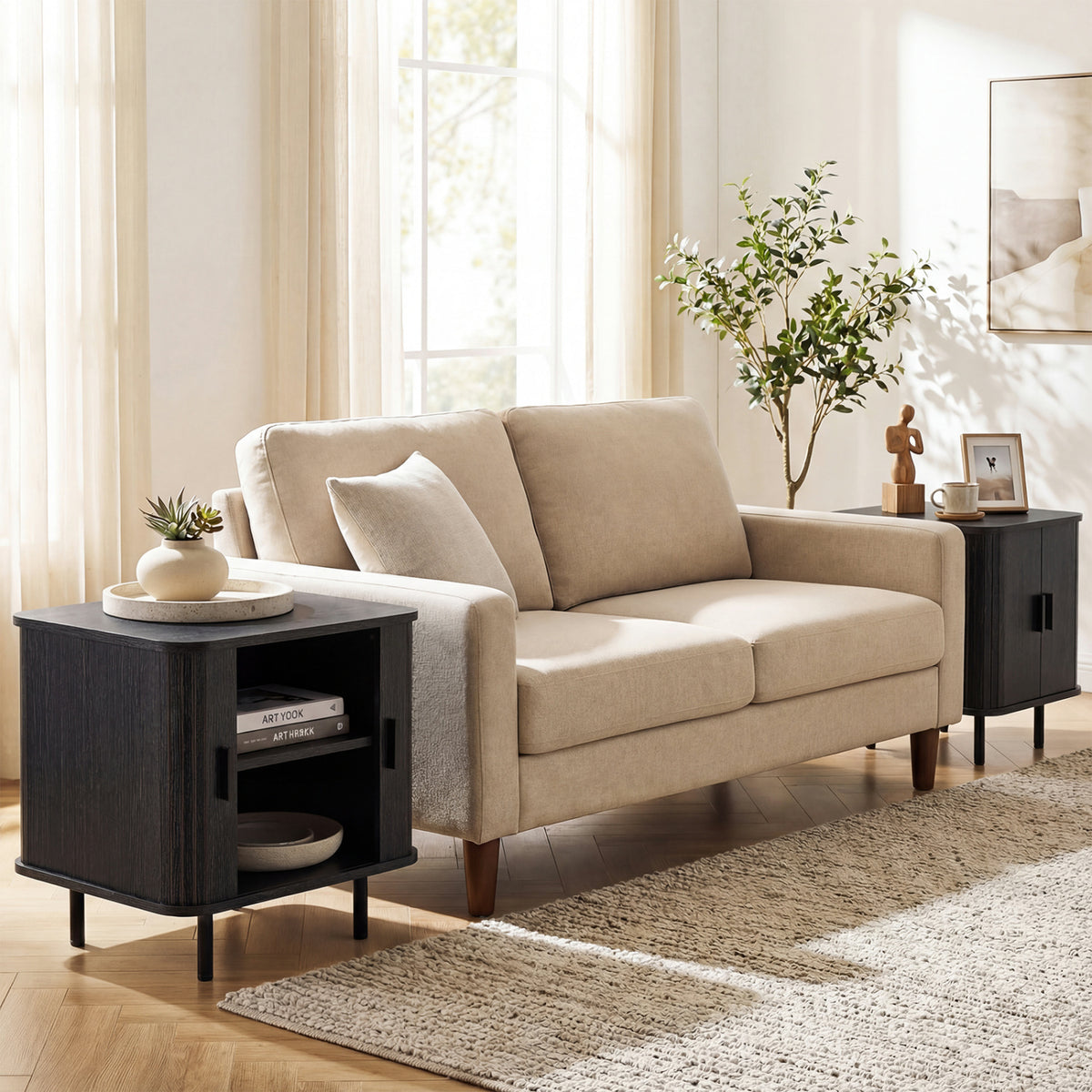 End Table Modern Mid Century Nightstand with Sliding Tambour Doors and Storage Shelf
