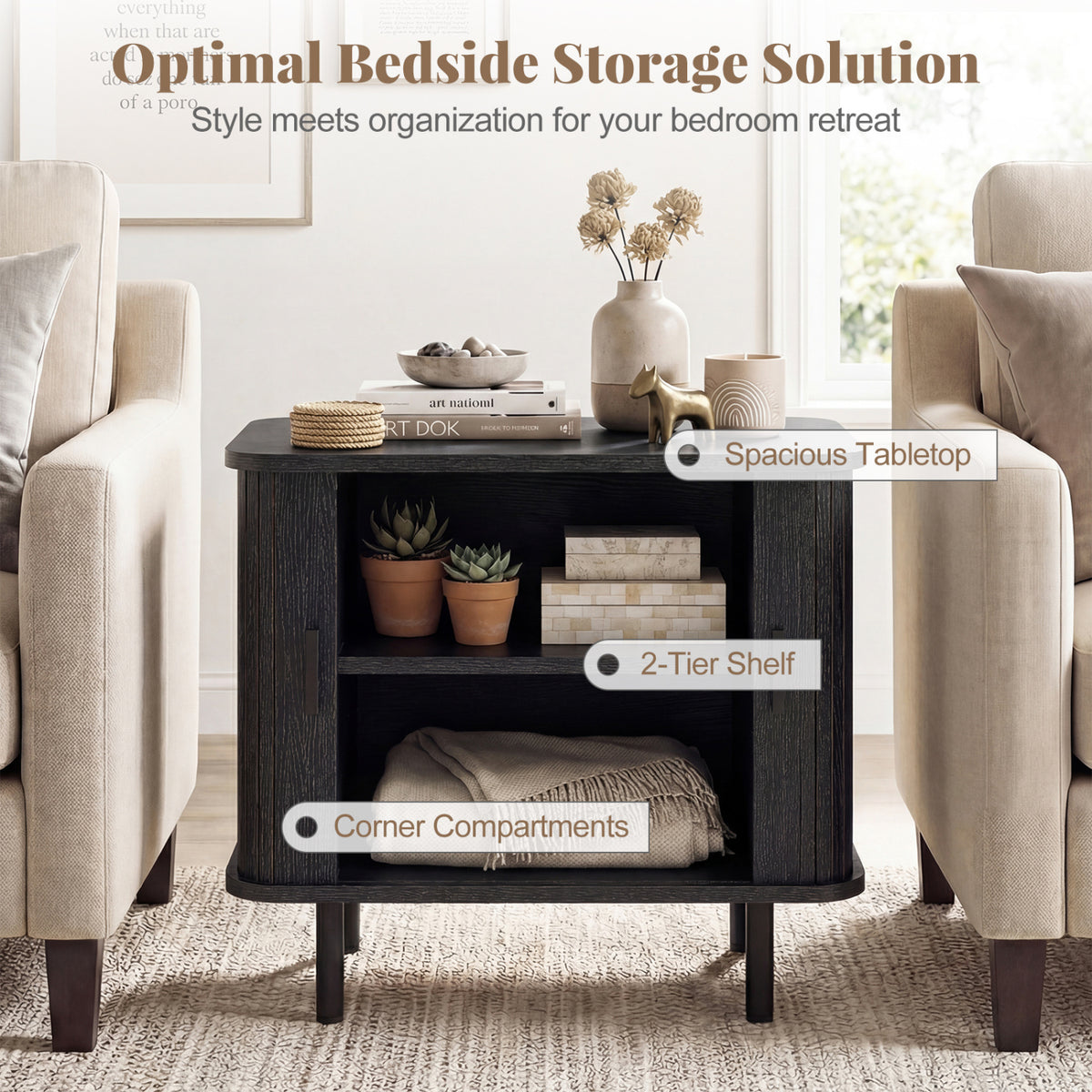 End Table Modern Mid Century Nightstand with Sliding Tambour Doors and Storage Shelf