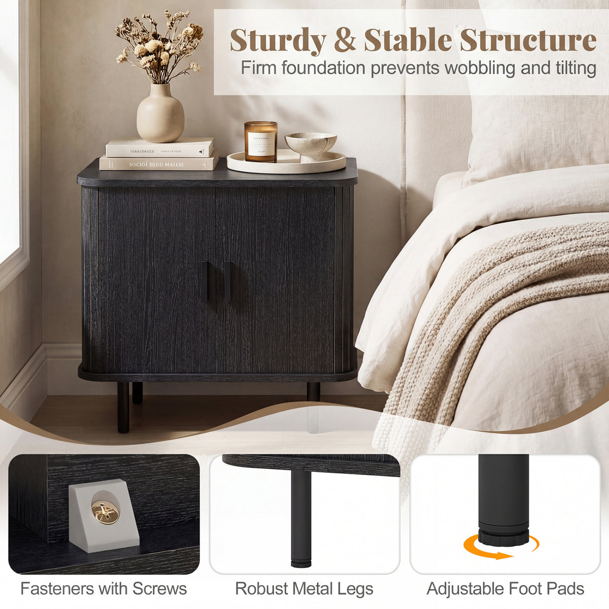 End Table Modern Mid Century Nightstand with Sliding Tambour Doors and Storage Shelf