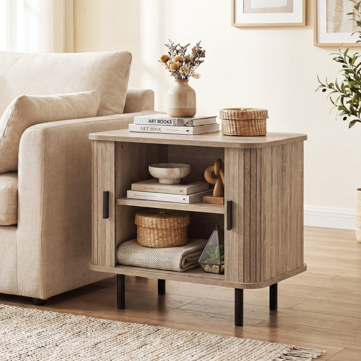 End Table Modern Mid Century Nightstand with Sliding Tambour Doors and Storage Shelf