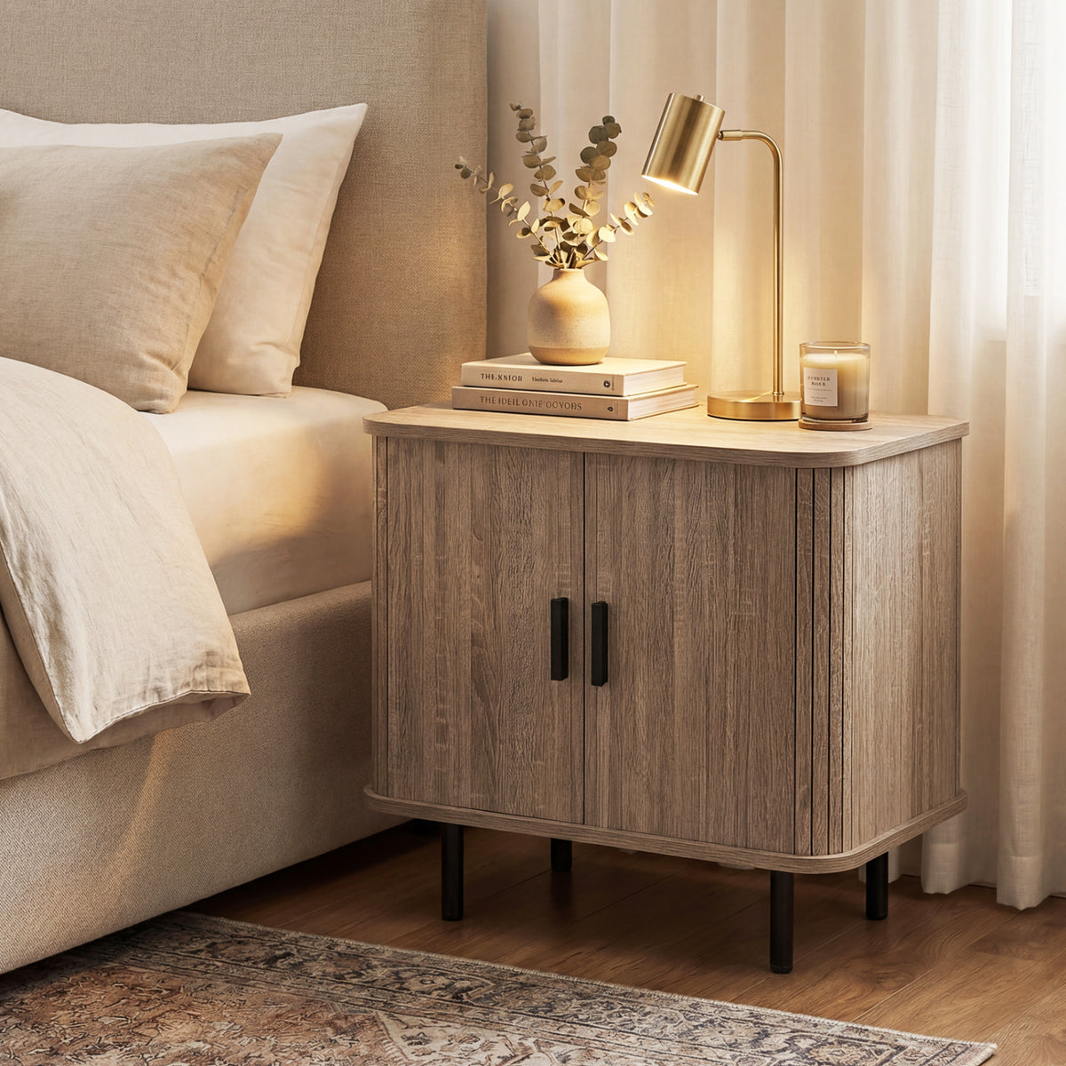 End Table Modern Mid Century Nightstand with Sliding Tambour Doors and Storage Shelf