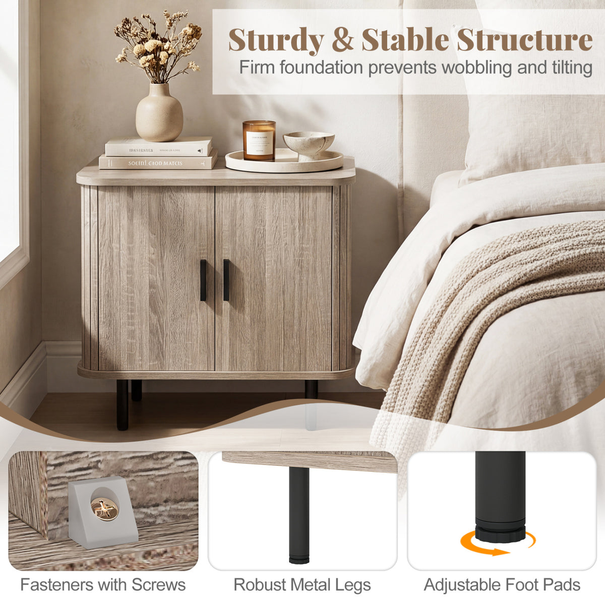 End Table Modern Mid Century Nightstand with Sliding Tambour Doors and Storage Shelf