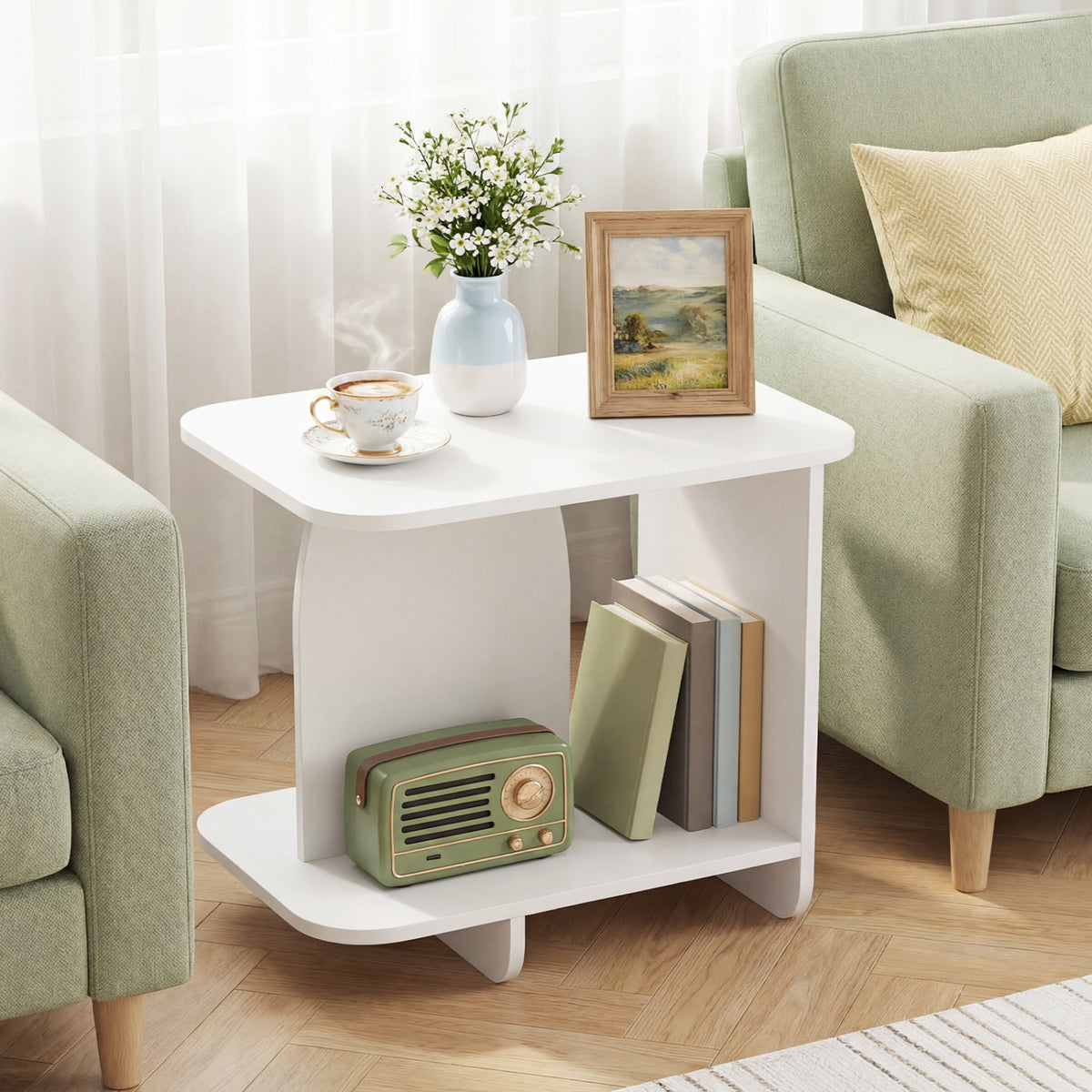 End Table Set of 2 2-Tier Sofa Side Tables with Storage Shelf-White