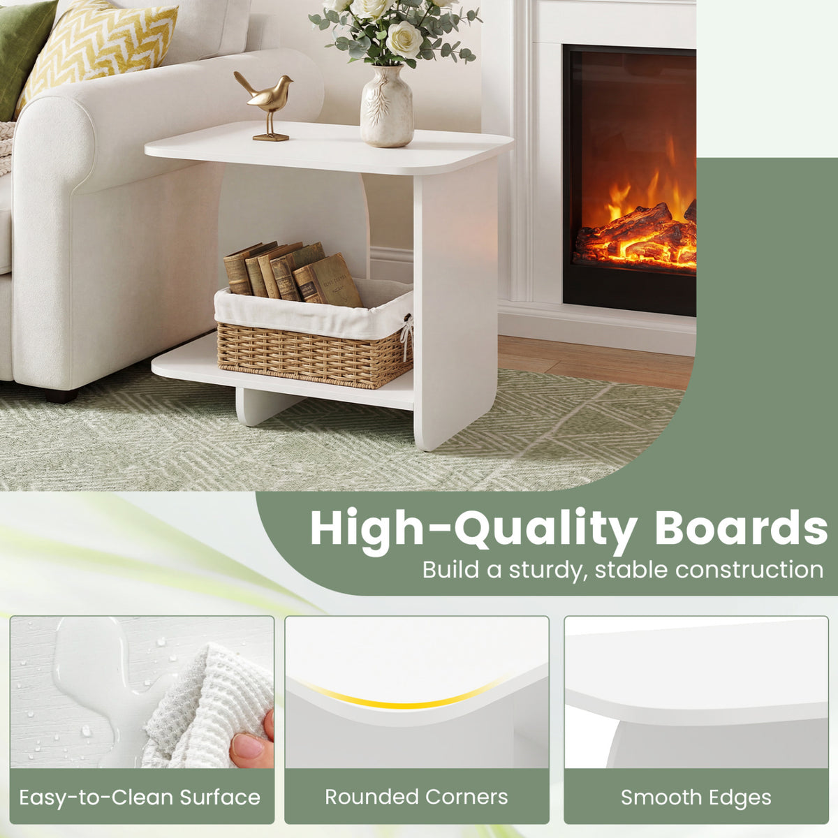 End Table Set of 2 2-Tier Sofa Side Tables with Storage Shelf-White