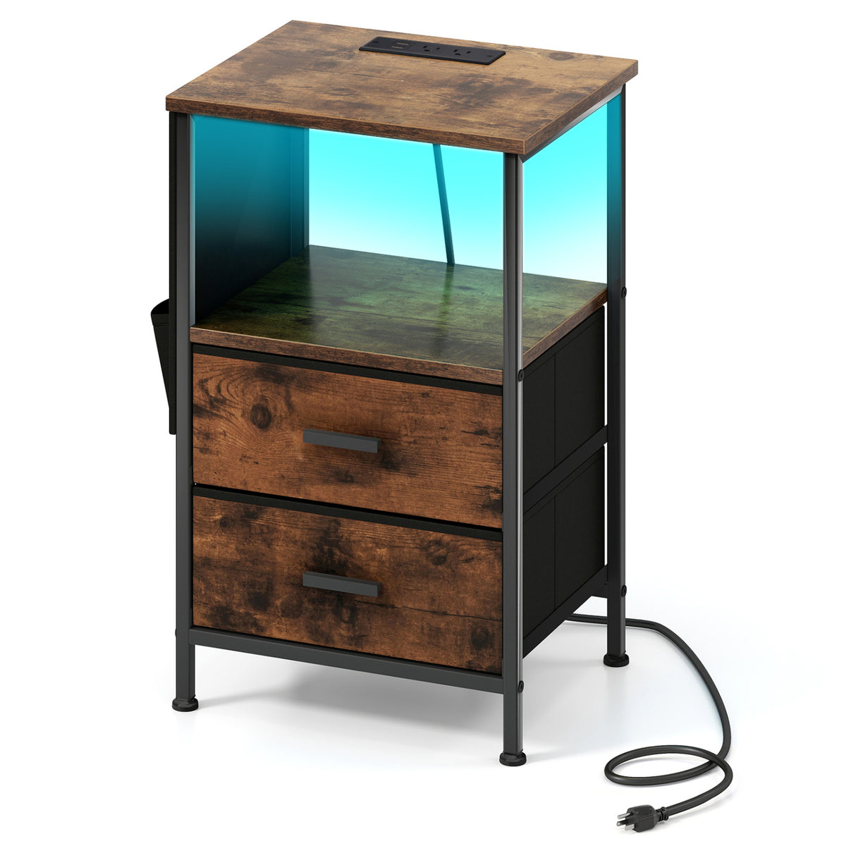 End Table with Charging Station Set of 1/2 Nightstand with 2 Folding Fabric Drawers