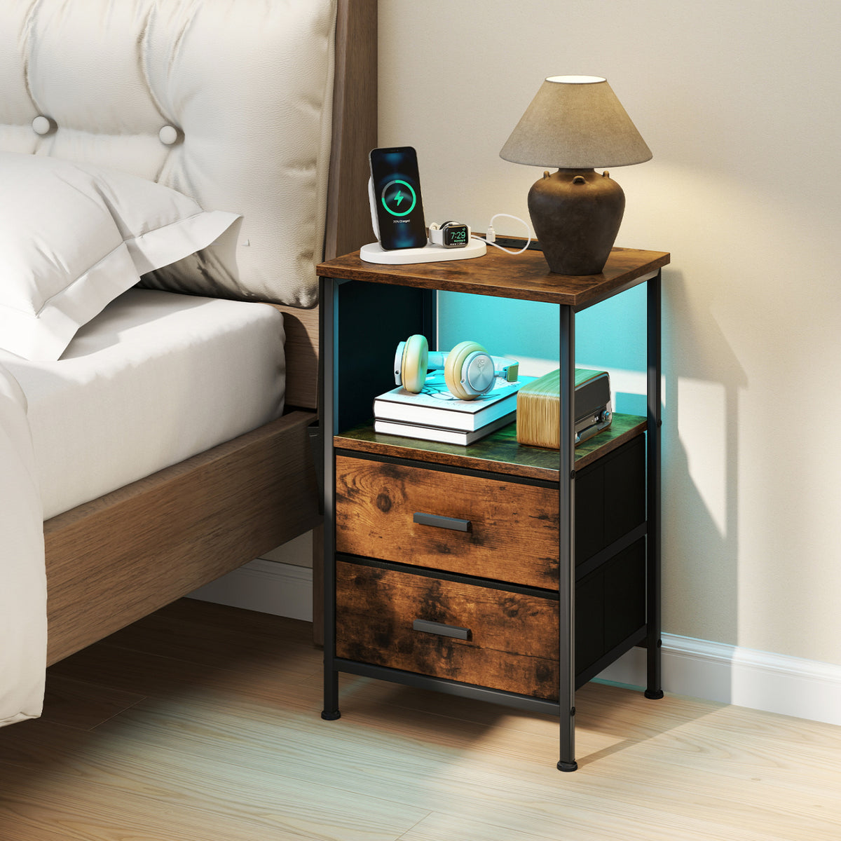 End Table with Charging Station Set of 1/2 Nightstand with 2 Folding Fabric Drawers