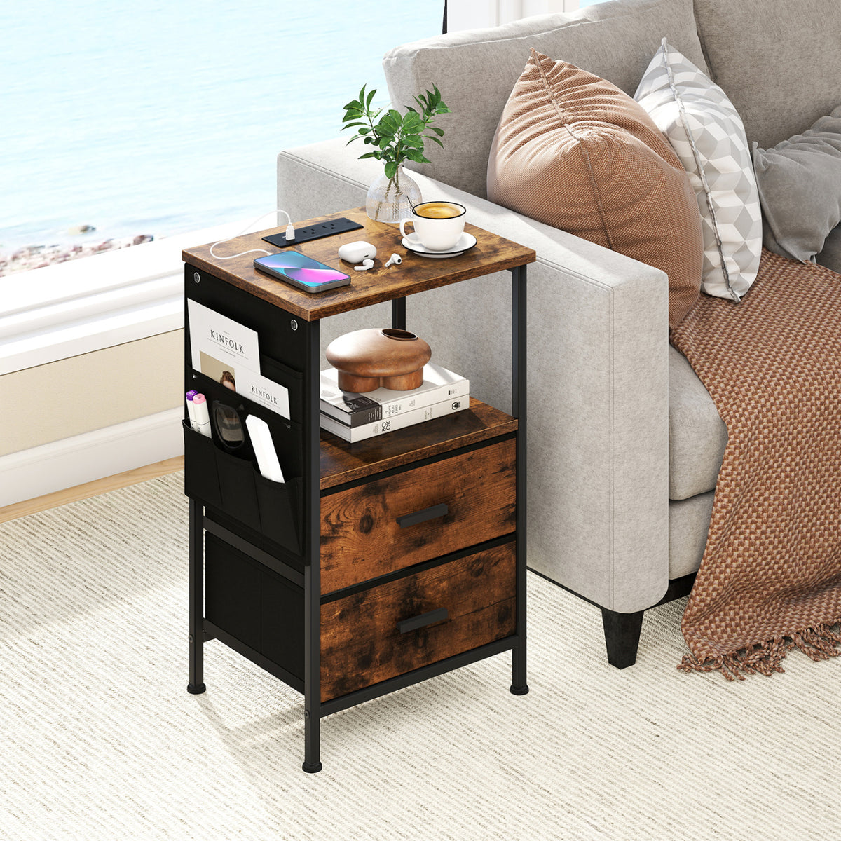 End Table with Charging Station Set of 1/2 Nightstand with 2 Folding Fabric Drawers