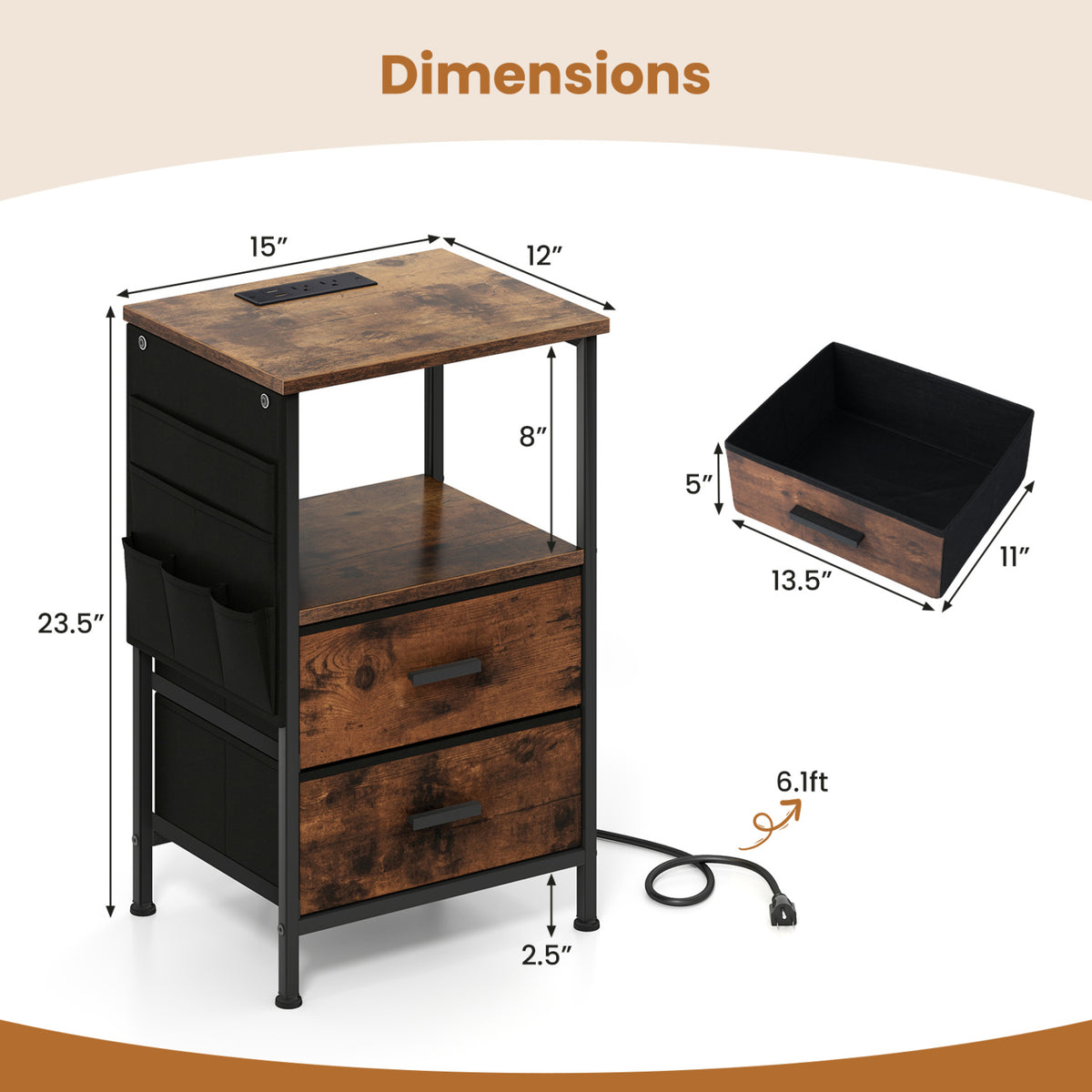 End Table with Charging Station Set of 1/2 Nightstand with 2 Folding Fabric Drawers