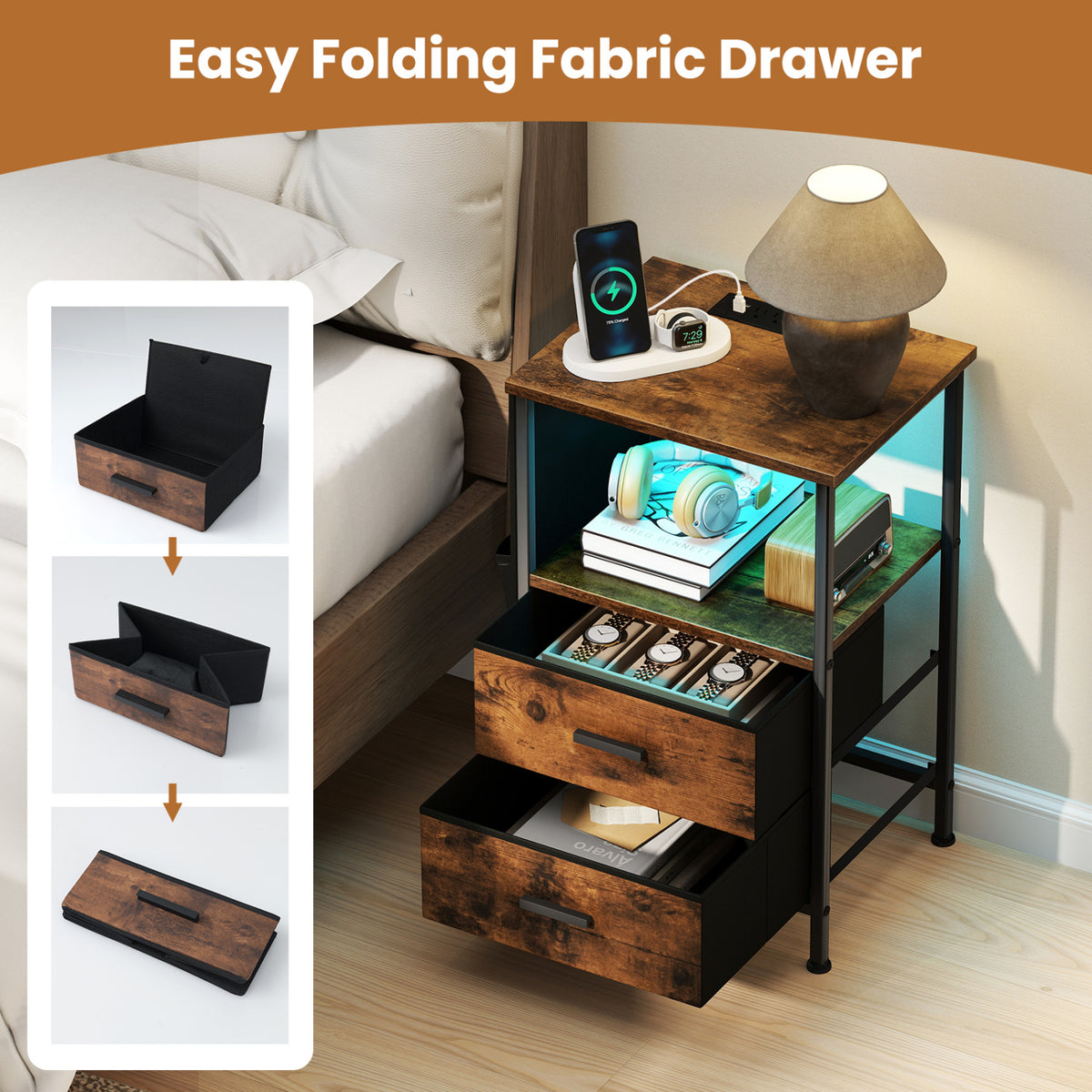 End Table with Charging Station Set of 1/2 Nightstand with 2 Folding Fabric Drawers
