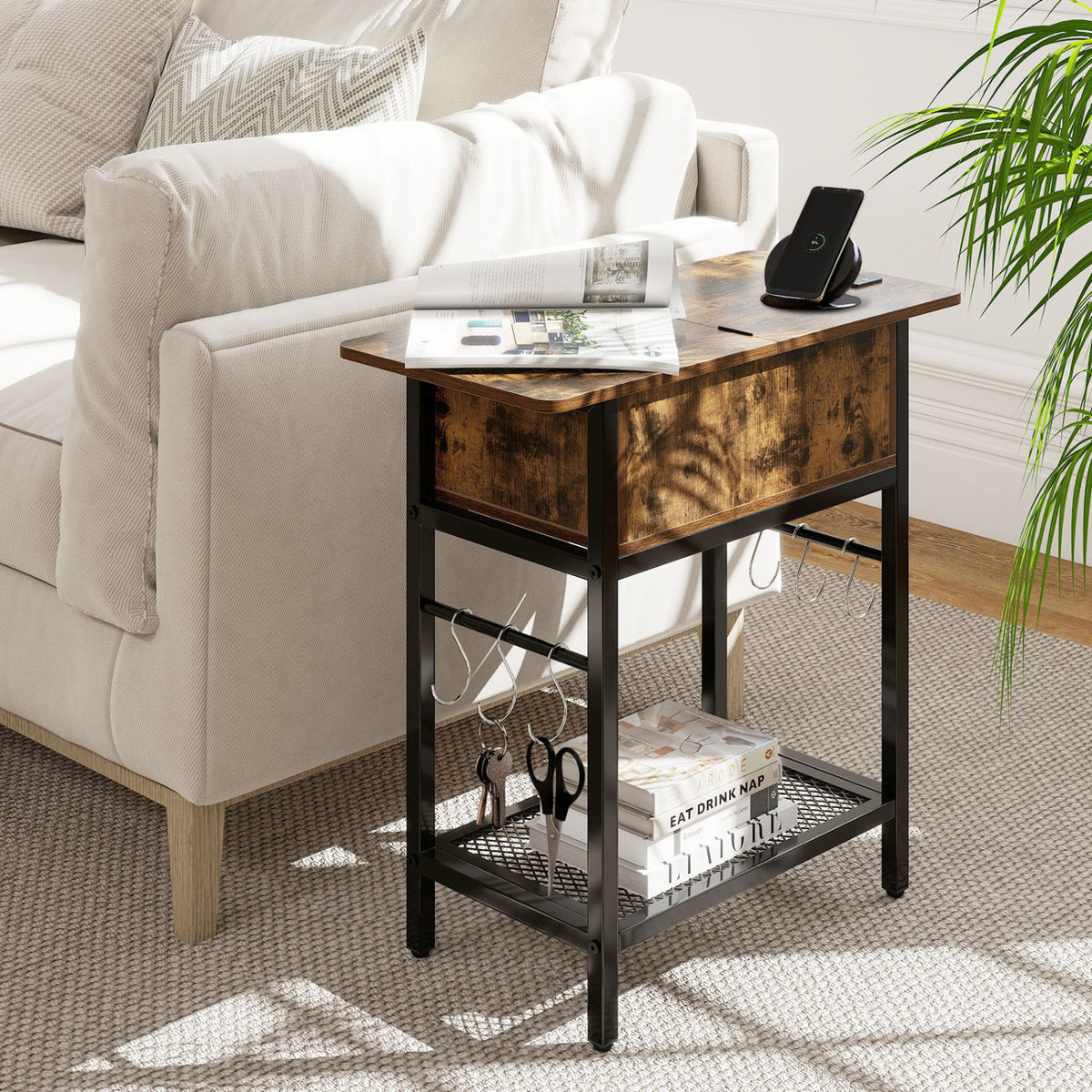 End Table with Charging Station USB Ports Outlets and Flip Top
