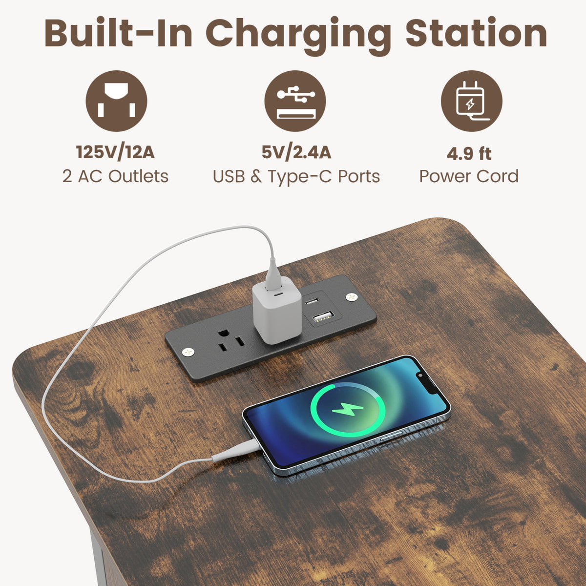 End Table with Charging Station USB Ports Outlets and Flip Top