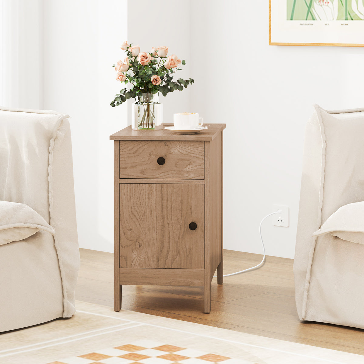 Flip Top End Table with Charging Station USB Ports Outlets and Drawer