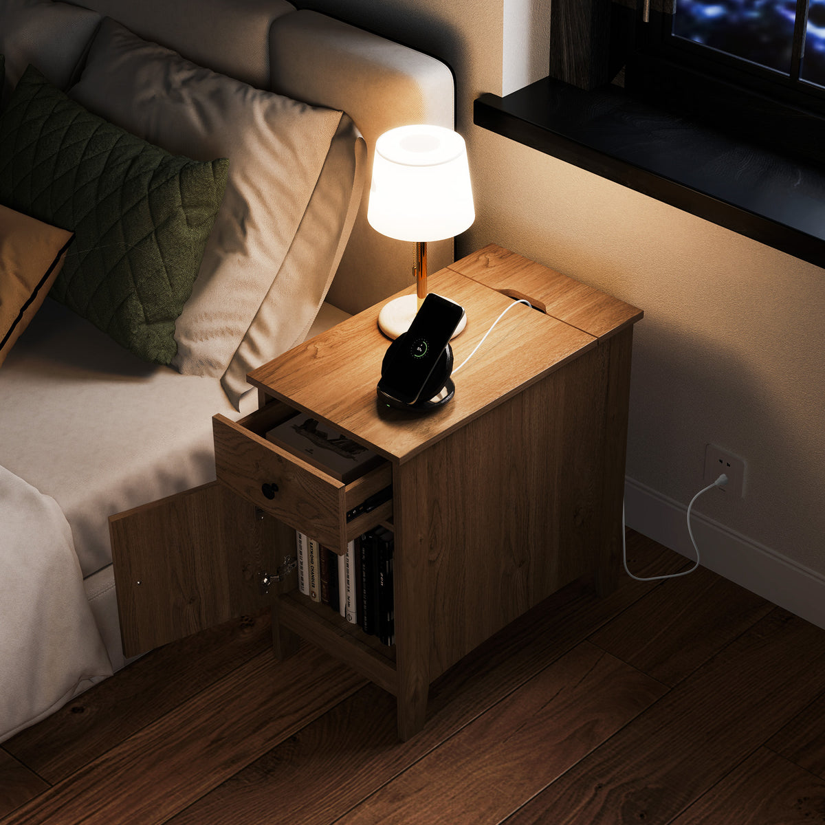 Flip Top End Table with Charging Station USB Ports Outlets and Drawer