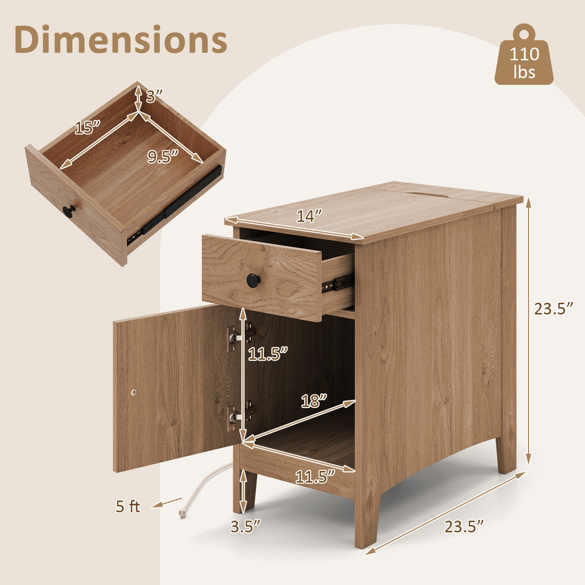 Flip Top End Table with Charging Station USB Ports Outlets and Drawer
