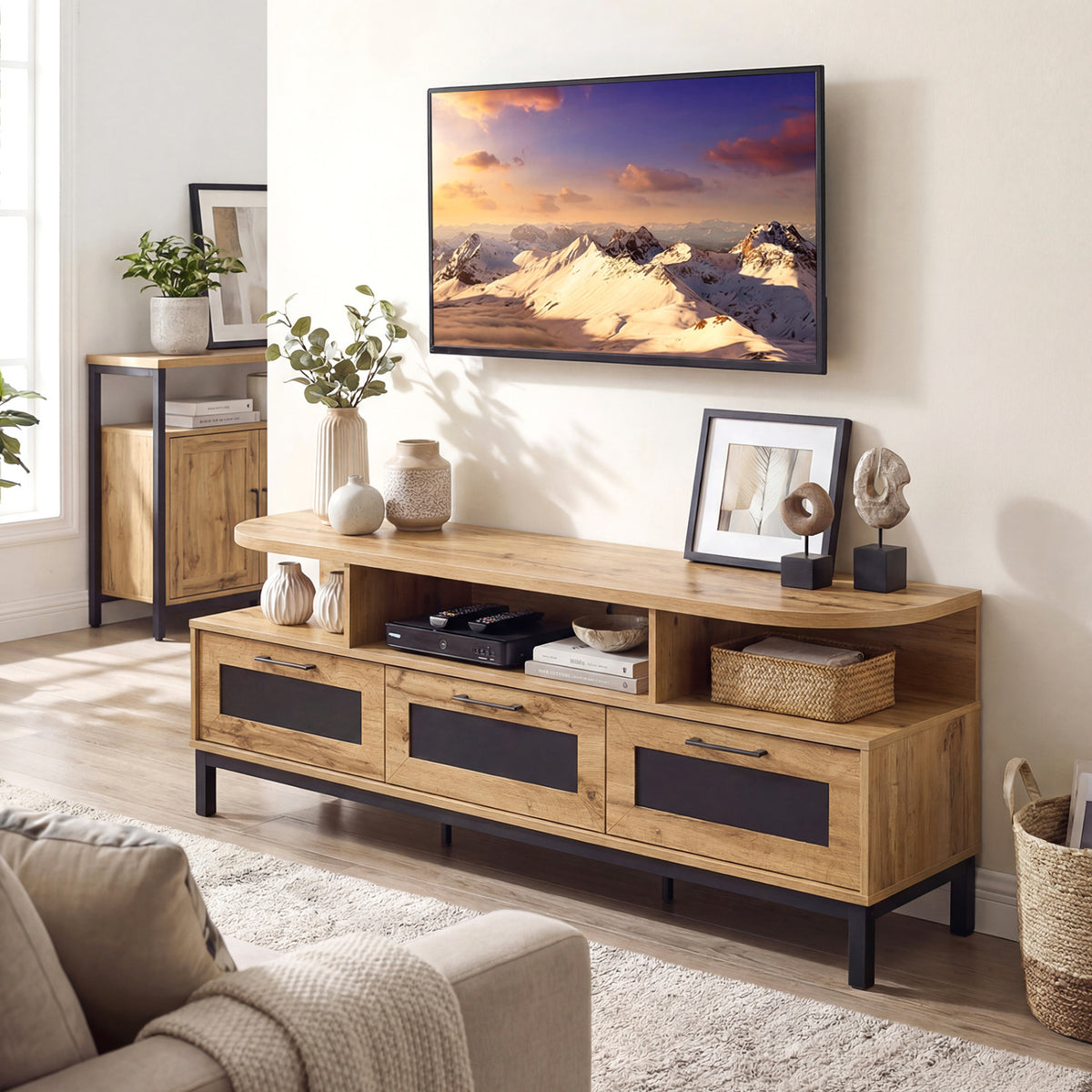 Entertainment Center with 3 Storage Drawers and Open Shelves