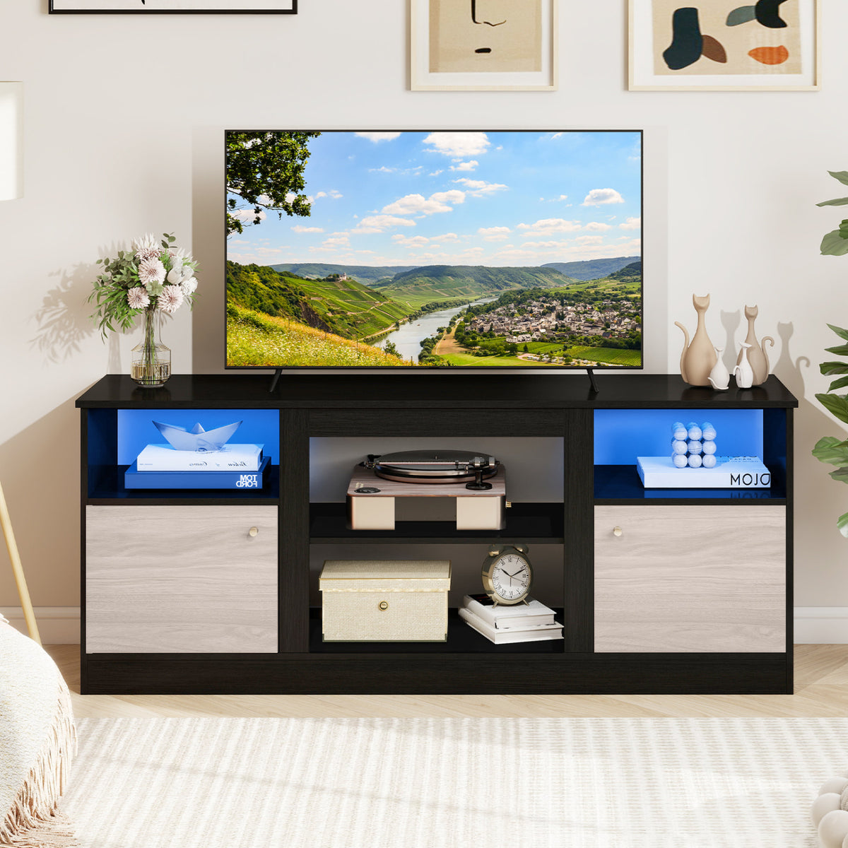 Entertainment Center with Adjustable Shelf & Open Compartment for 65â TVs