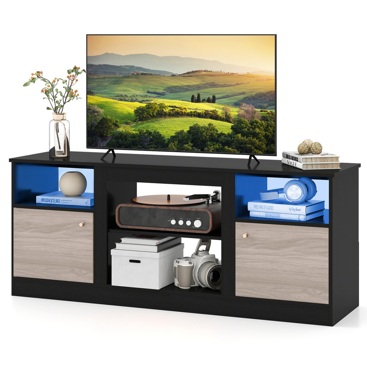 Entertainment Center with Adjustable Shelf & Open Compartment for 65â TVs