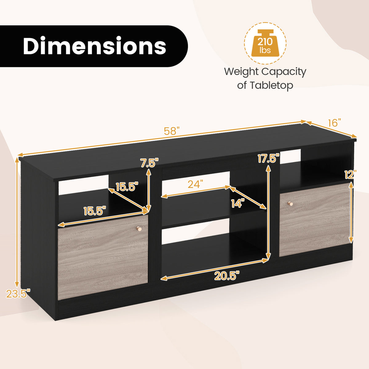 Entertainment Center with Adjustable Shelf & Open Compartment for 65â TVs