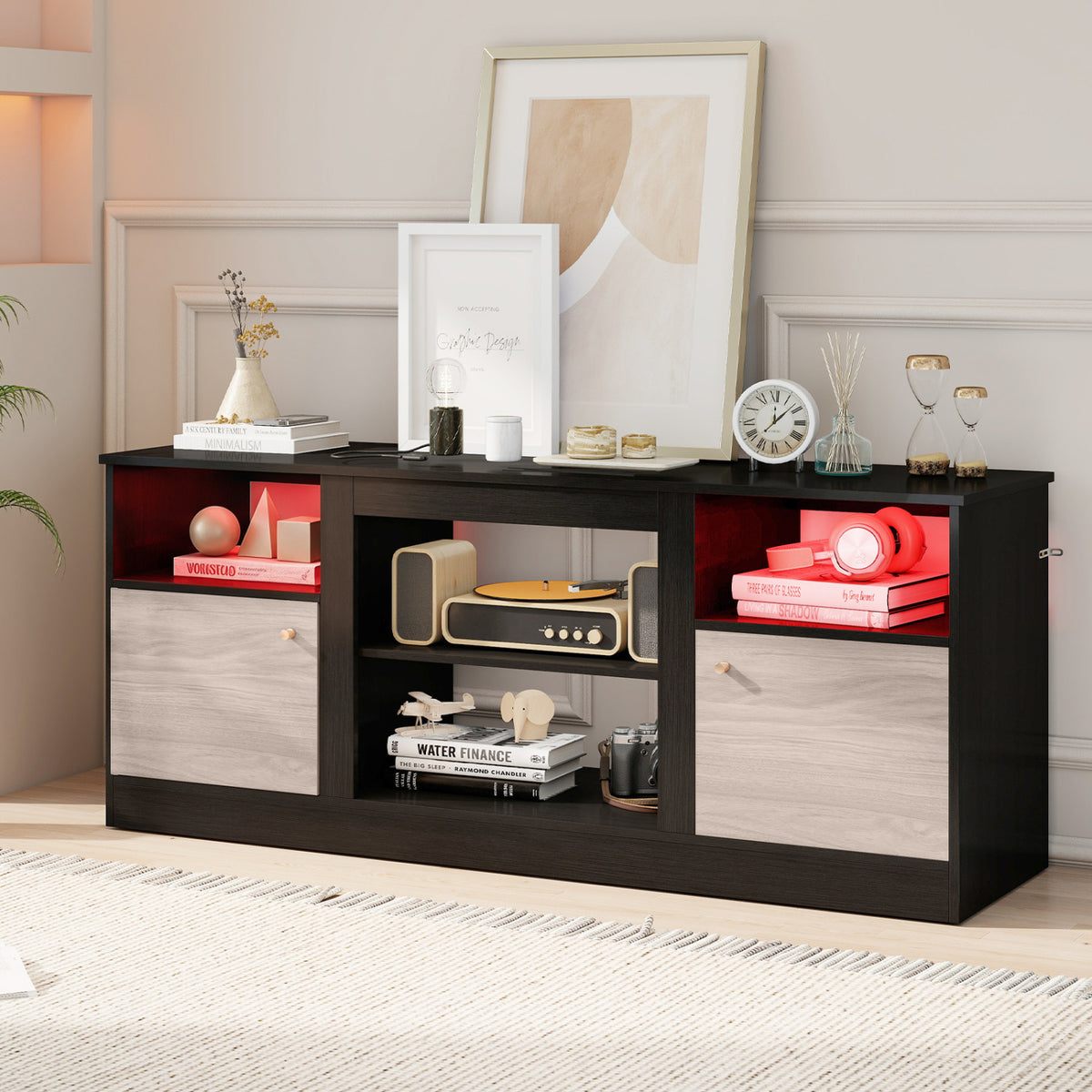 Entertainment Center with Adjustable Shelf & Open Compartment for 65â TVs