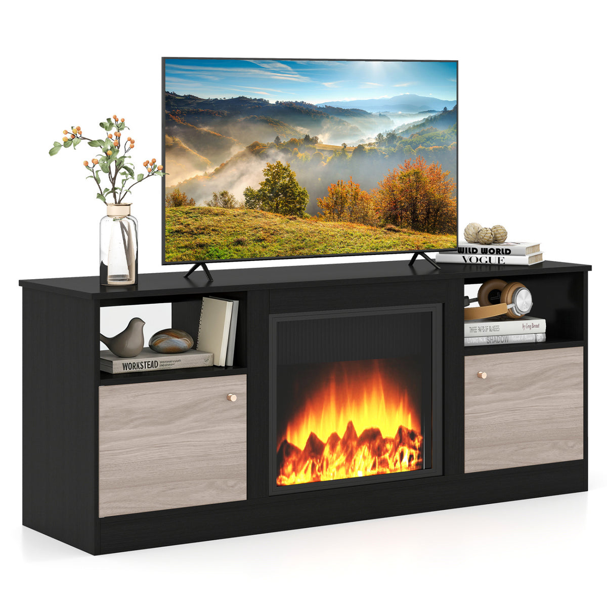 Entertainment Center with Adjustable Shelf & Open Compartment for 65â TVs