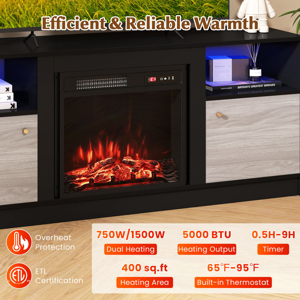 Entertainment Center with Adjustable Shelf & Open Compartment for 65â TVs