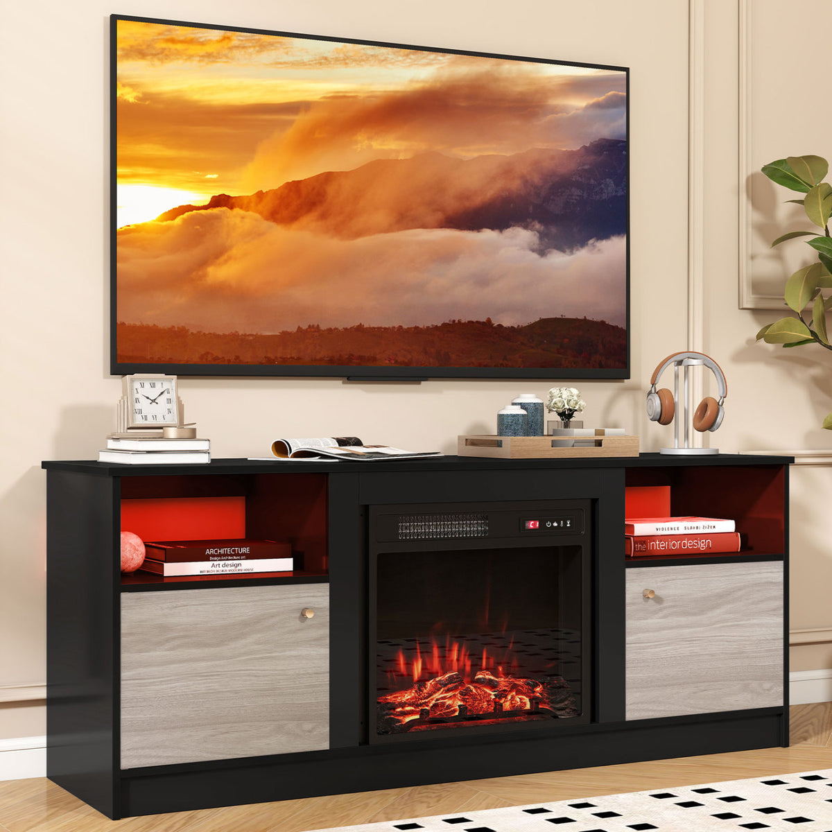 Entertainment Center with Adjustable Shelf & Open Compartment for 65â TVs
