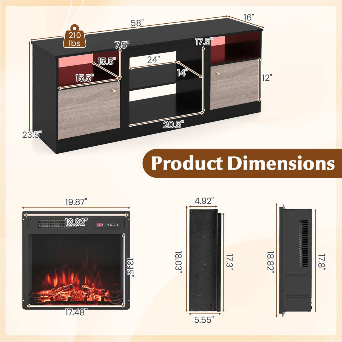 Entertainment Center with Adjustable Shelf & Open Compartment for 65â TVs