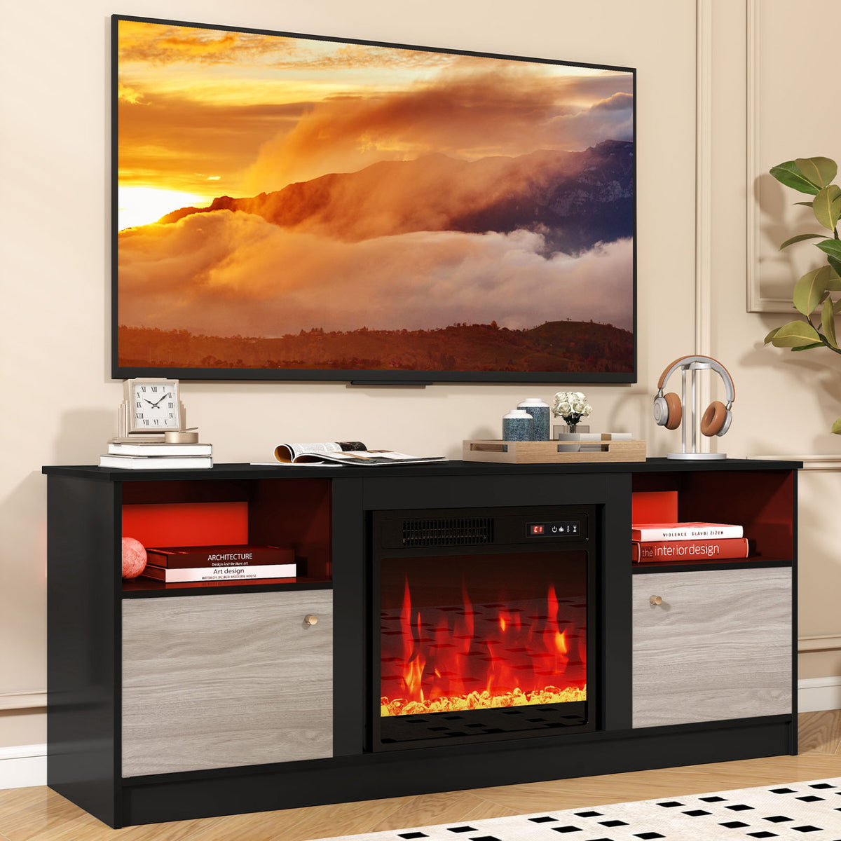 Entertainment Center with Adjustable Shelf & Open Compartment for 65â TVs